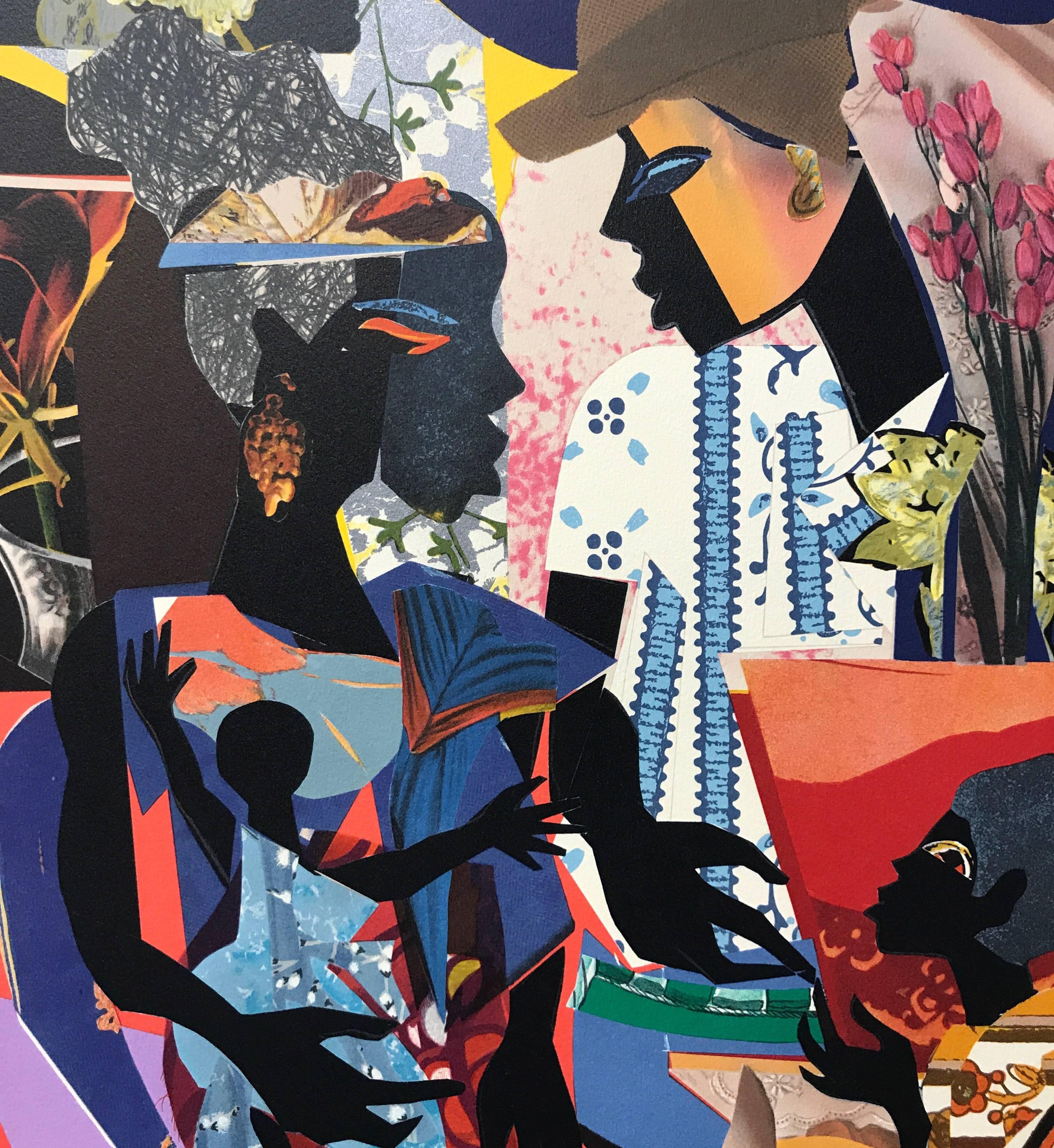 THE FAMILY Litografia firmata, ritratto di famiglia nera, collage, afroamericano - Portrait Print Beige di James Denmark