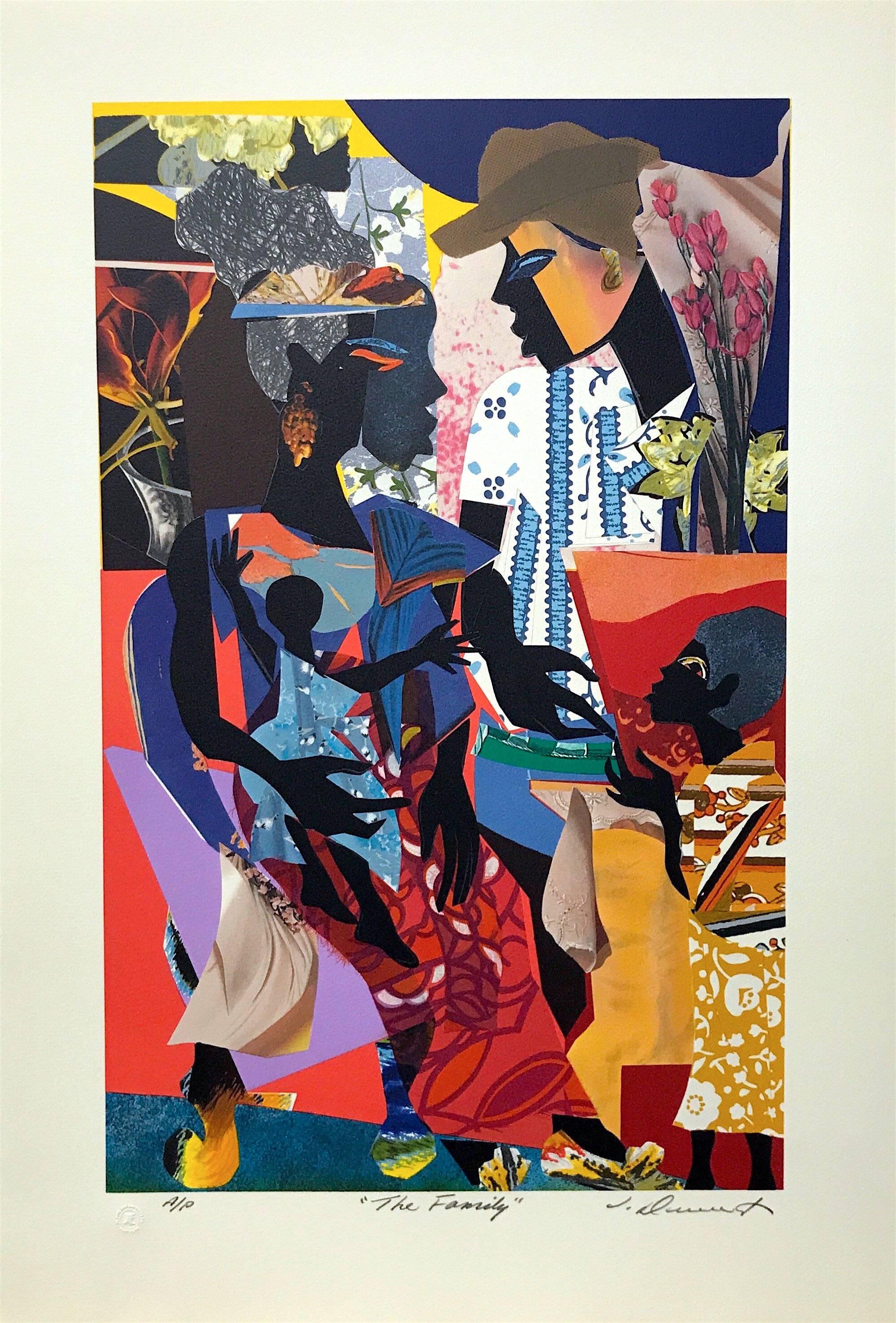 THE FAMILY Signed Lithograph, Black Family Portrait, Collage, African American  - Contemporary Print by James Denmark