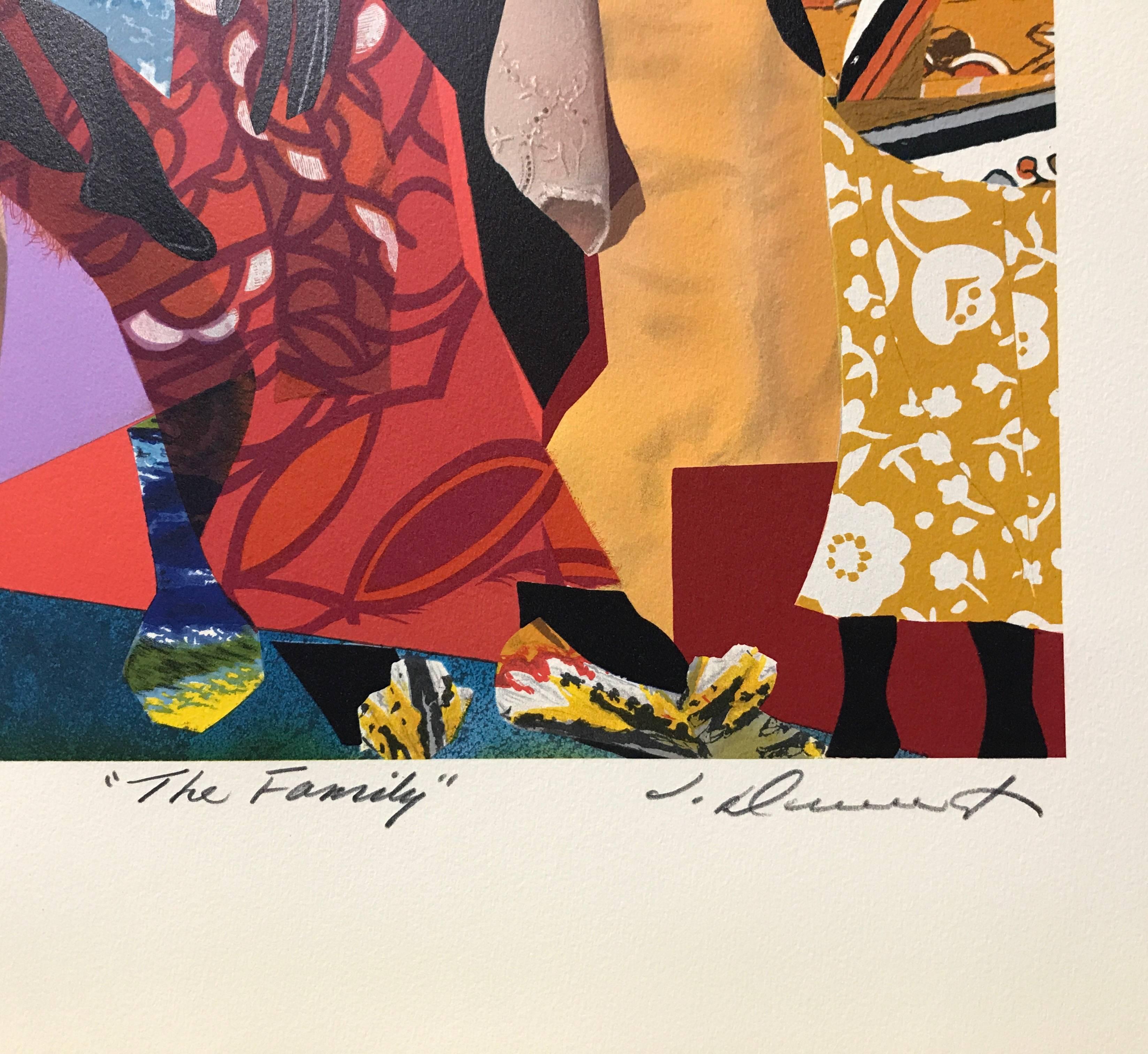THE FAMILY is an original hand drawn, limited edition lithograph by the African American artist James Denmark, printed using hand lithography on Arches paper 100% acid free. Rich, vivid multi color composition comprised of colored papers, printed