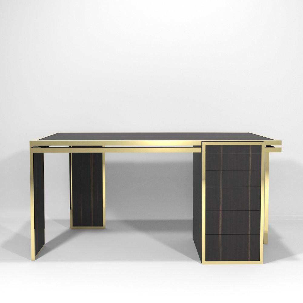 James Desk by DUISTT
Dimensions: W 154 x D 79 x H 75 cm
Materials: Brass and High Gloss Ebony Wood

James desk crafted with great attention to details, is a bold and exciting piece capable to add a touch of sophisticated elegance to any room. The