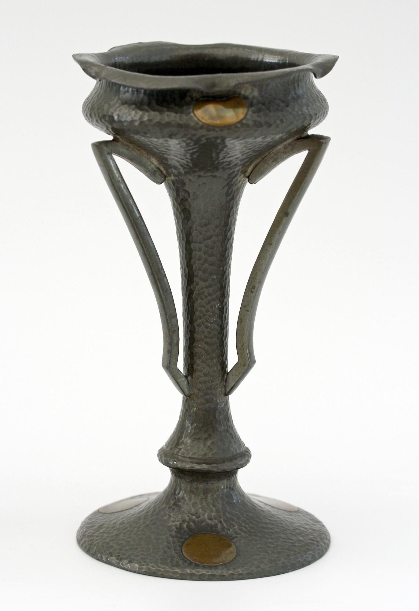 James Dixon Pair of Arts & Crafts Brass Inlaid Pewter Vases, circa 1890 3