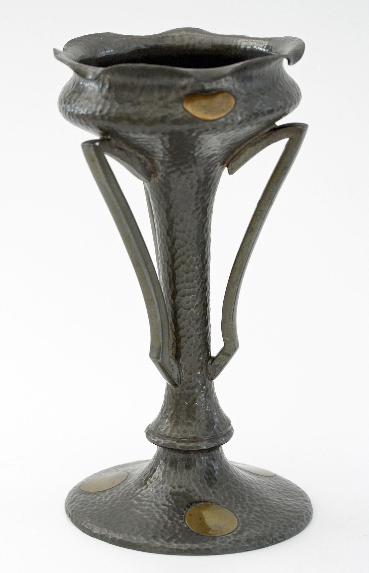 James Dixon Pair of Arts & Crafts Brass Inlaid Pewter Vases, circa 1890 4