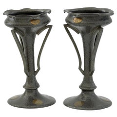 James Dixon Pair of Arts & Crafts Brass Inlaid Pewter Vases, circa 1890