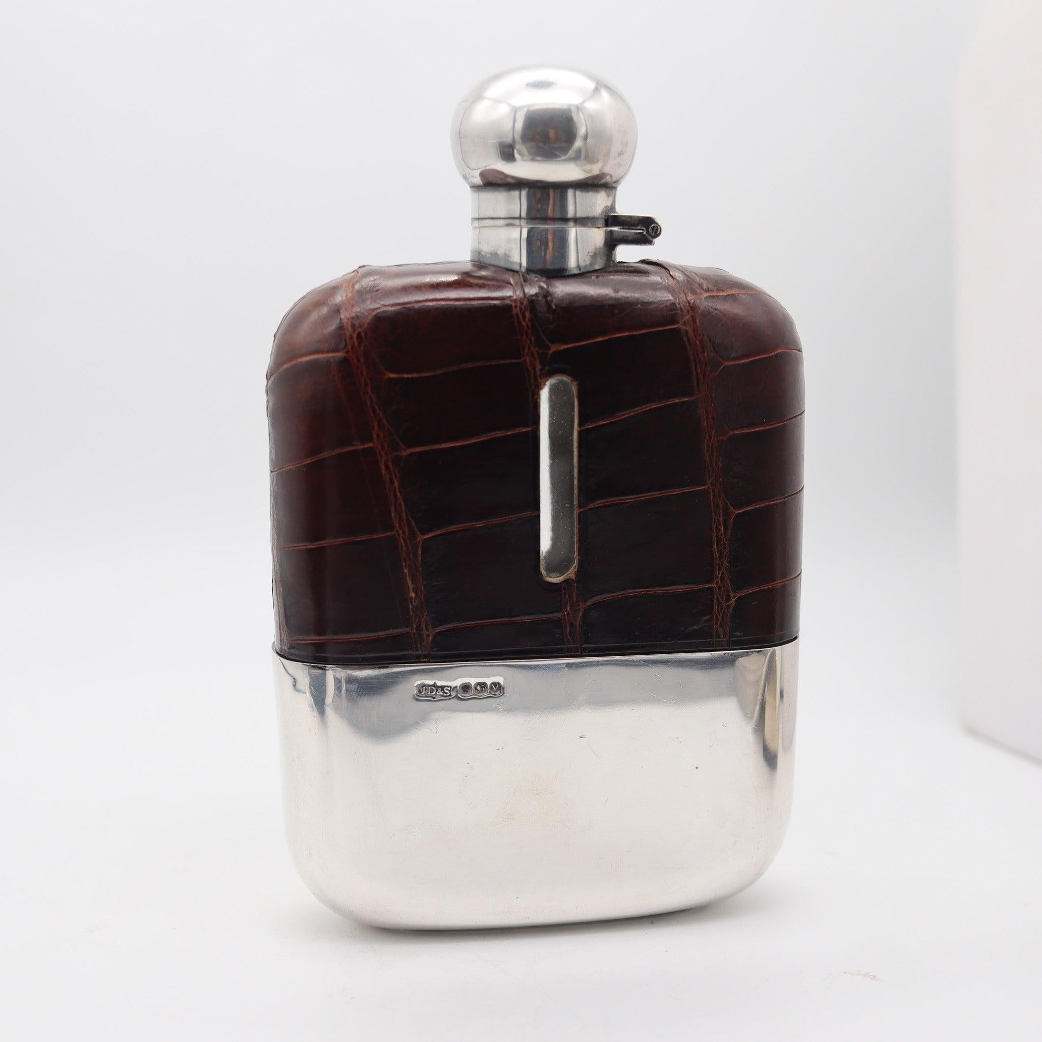 English JAMES DIXON & SONS 1891 Sheffield Large Liquor Flask In .925 Sterling & Leather For Sale