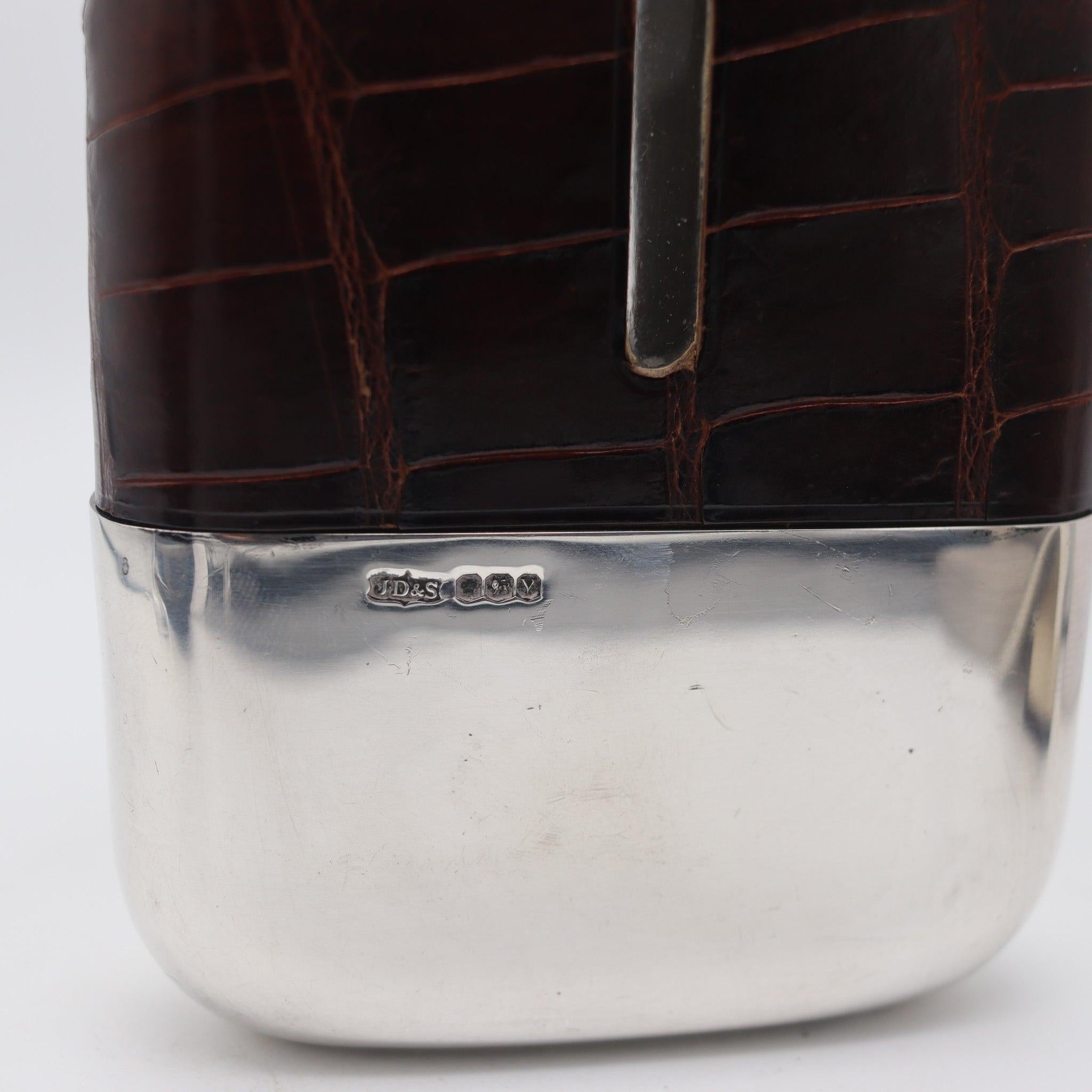 Hand-Crafted JAMES DIXON & SONS 1891 Sheffield Large Liquor Flask In .925 Sterling & Leather For Sale