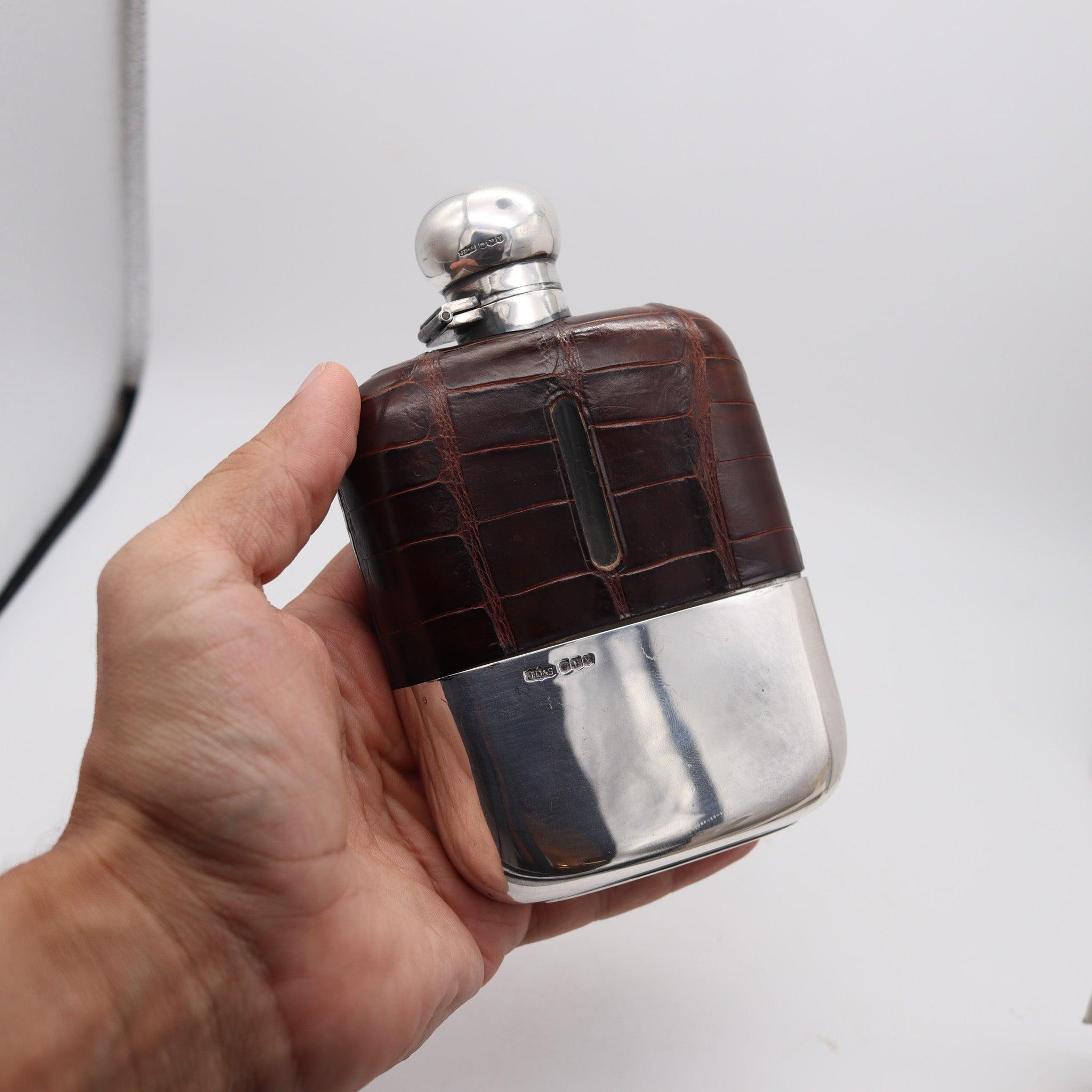 Late 19th Century JAMES DIXON & SONS 1891 Sheffield Large Liquor Flask In .925 Sterling & Leather For Sale