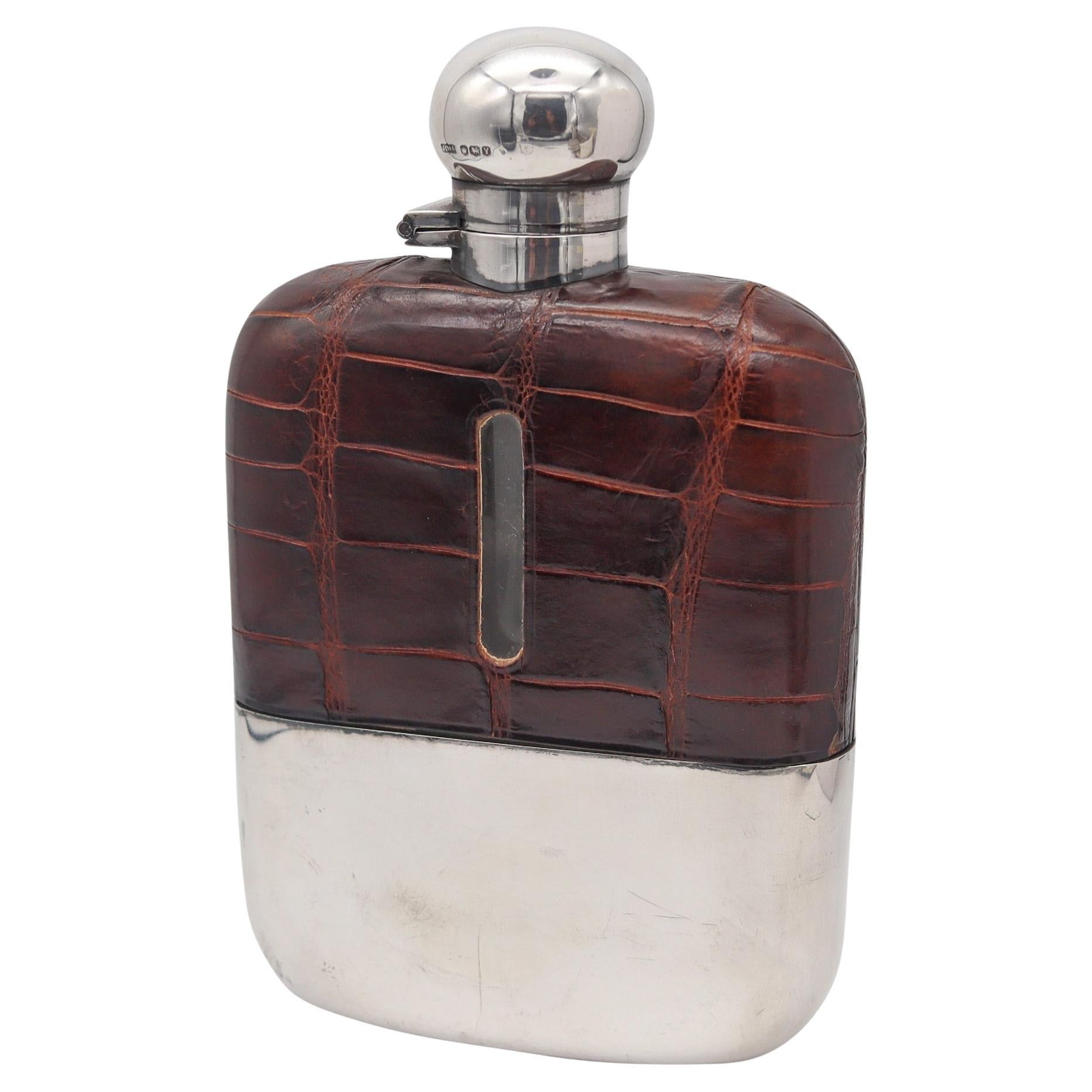 JAMES DIXON & SONS 1891 Sheffield Large Liquor Flask In .925 Sterling & Leather For Sale