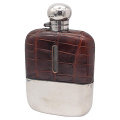 Antique JAMES DIXON & SONS 1891 Sheffield Large Liquor Flask In .925 Sterling & Leather
