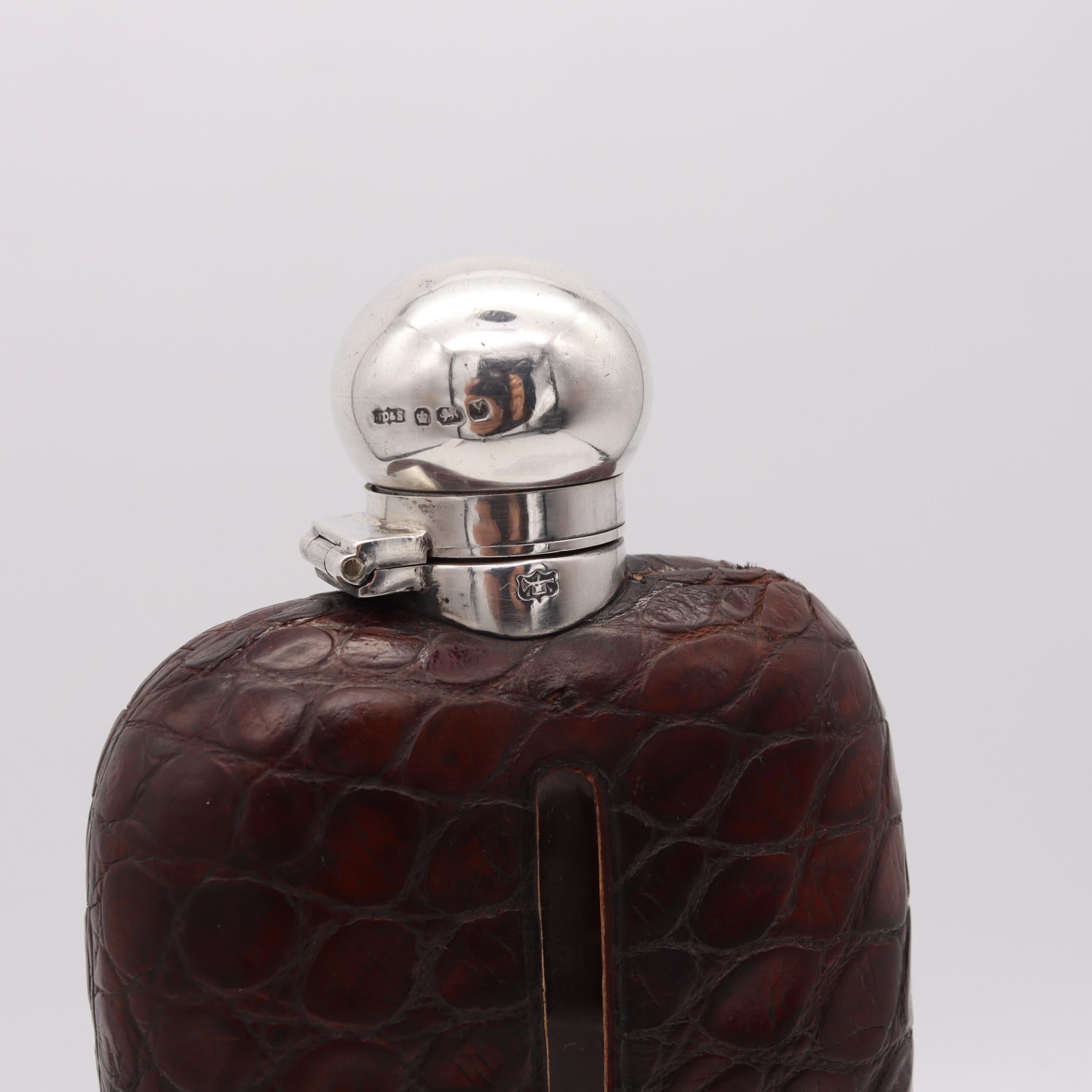 Late Victorian James Dixon & Sons 1891 Sheffield Large Liquor Flask in Sterling and Crocodile For Sale