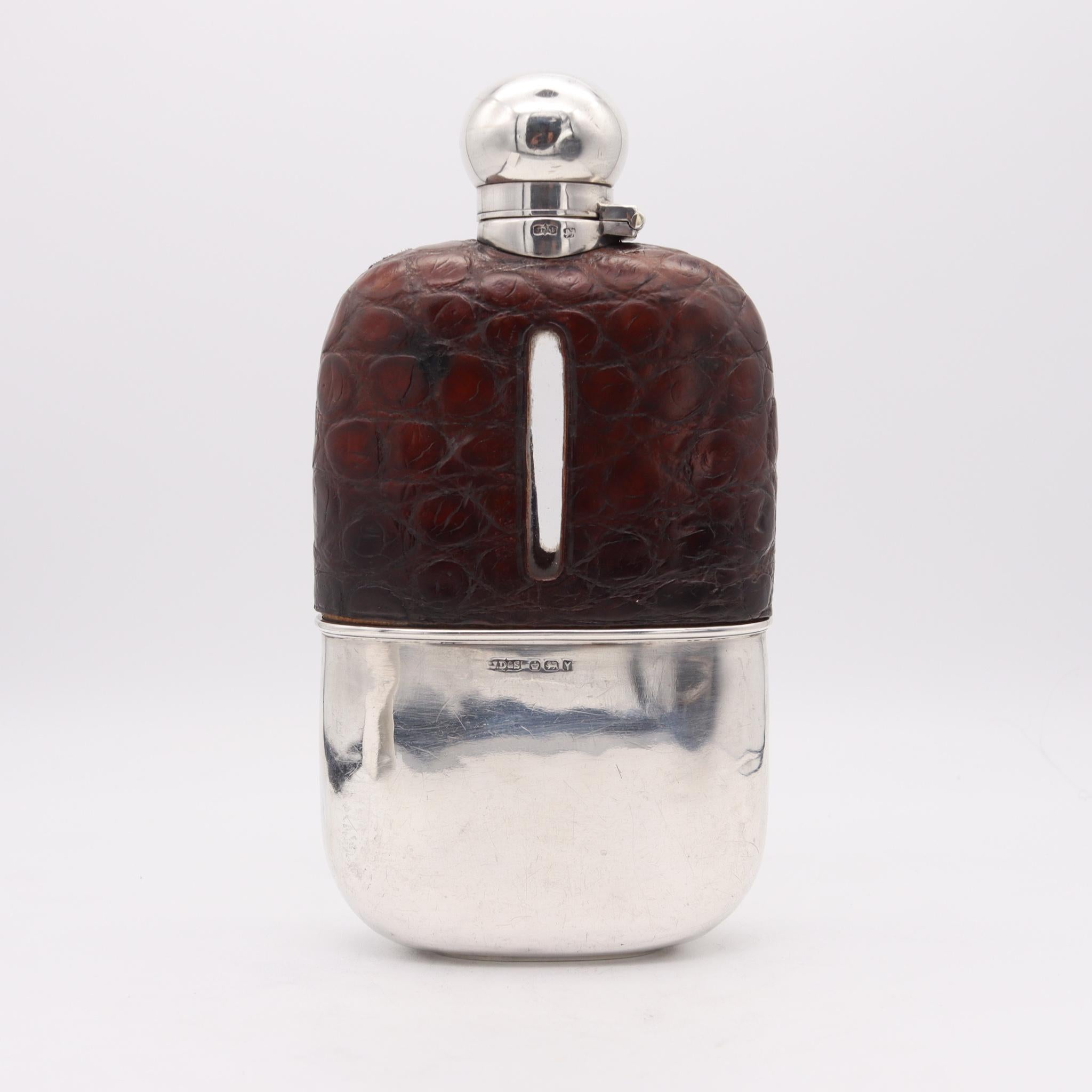 English James Dixon & Sons 1891 Sheffield Large Liquor Flask in Sterling and Crocodile For Sale