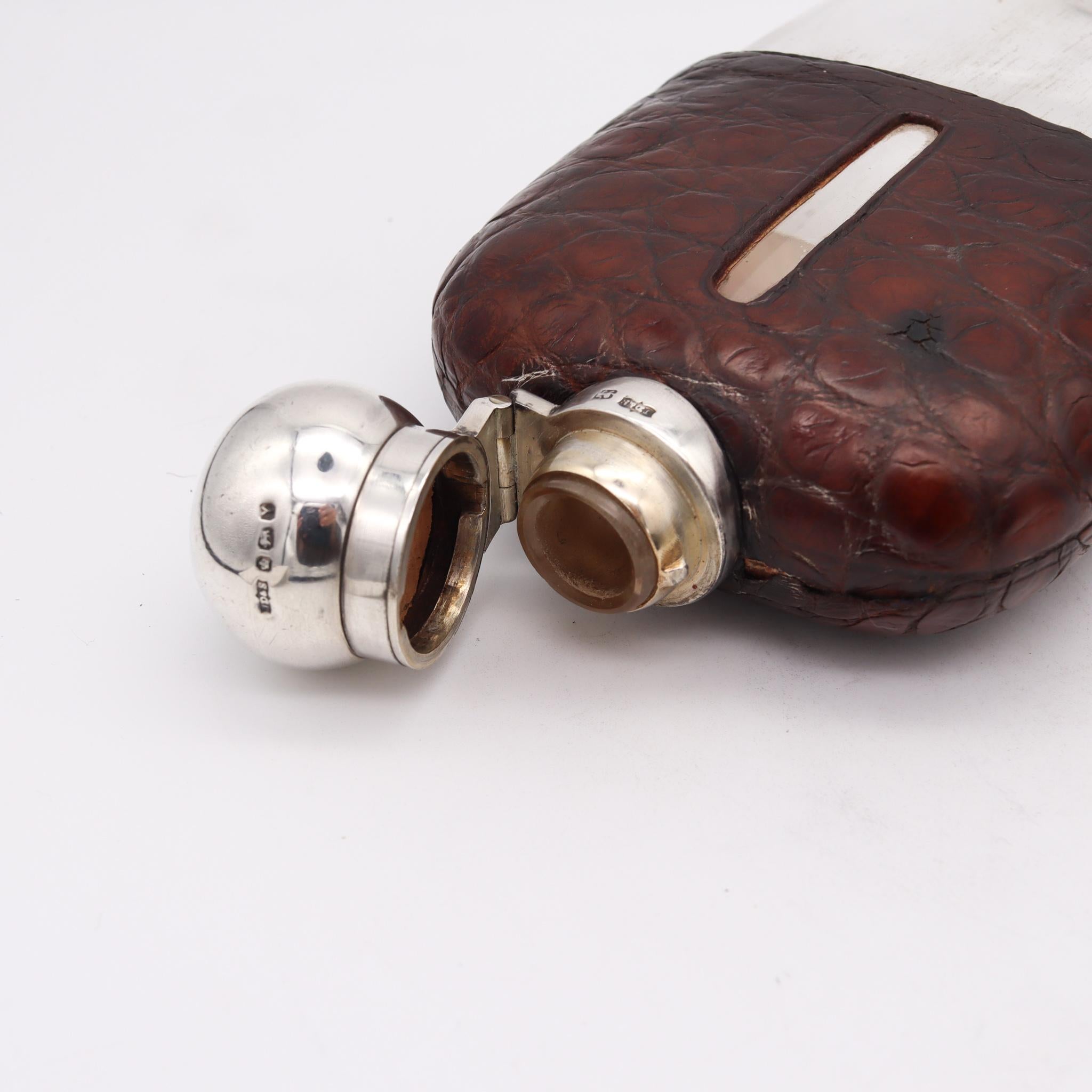 Silver James Dixon & Sons 1891 Sheffield Large Liquor Flask in Sterling and Crocodile For Sale