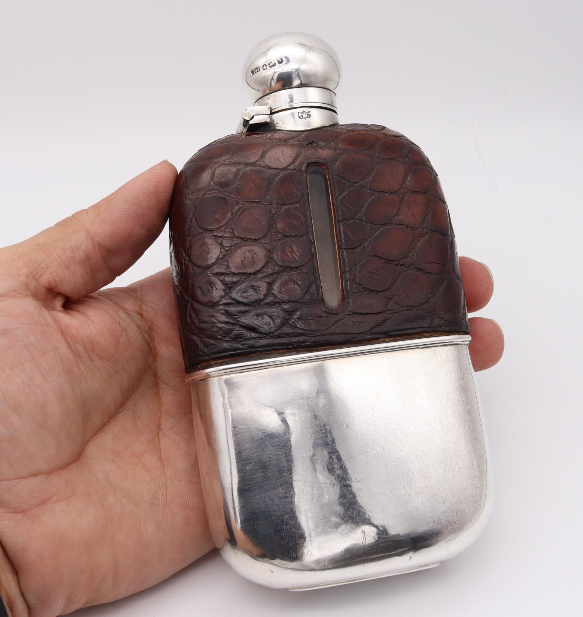 James Dixon & Sons 1891 Sheffield Large Liquor Flask in Sterling and Crocodile For Sale 1