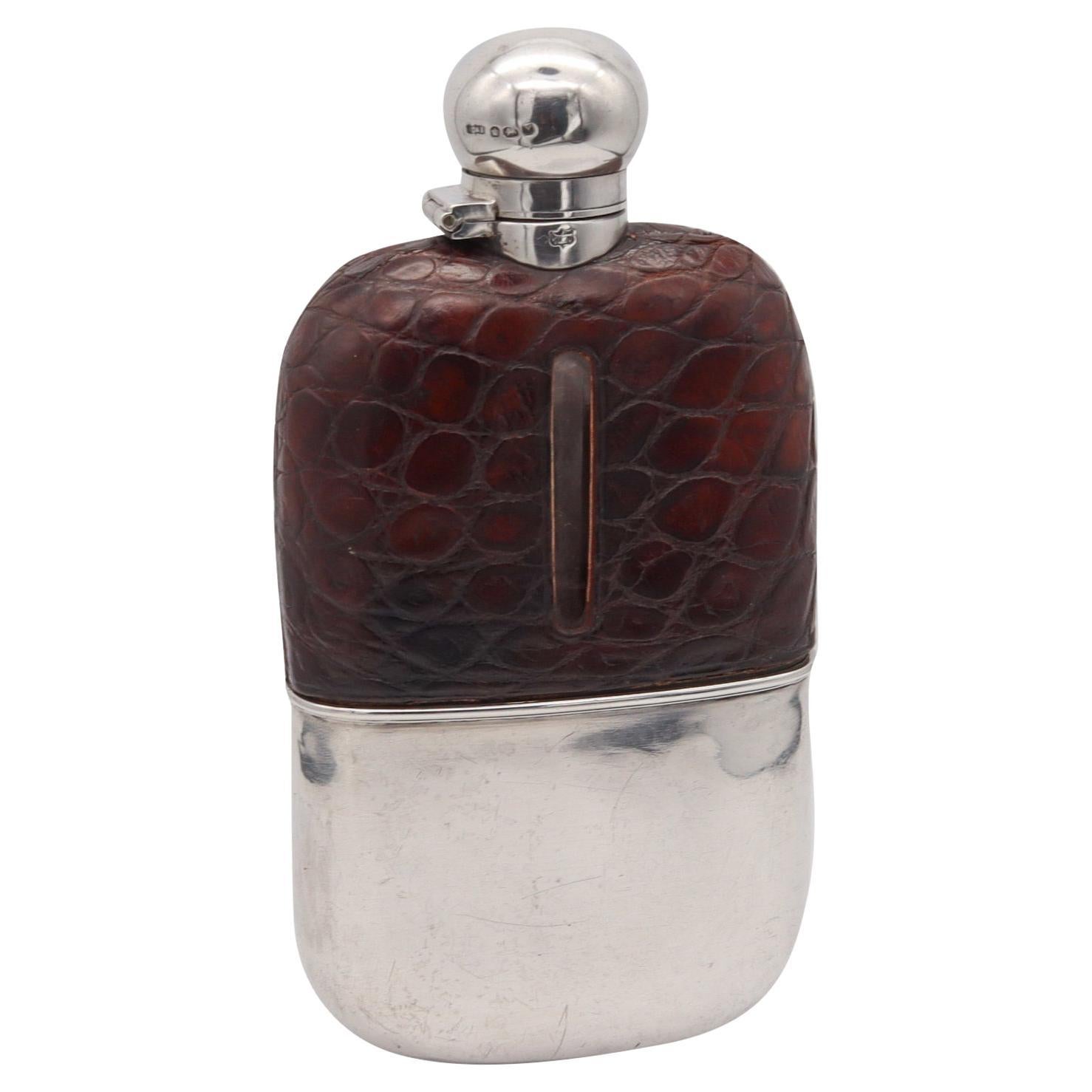 James Dixon & Sons 1891 Sheffield Large Liquor Flask in Sterling and Crocodile