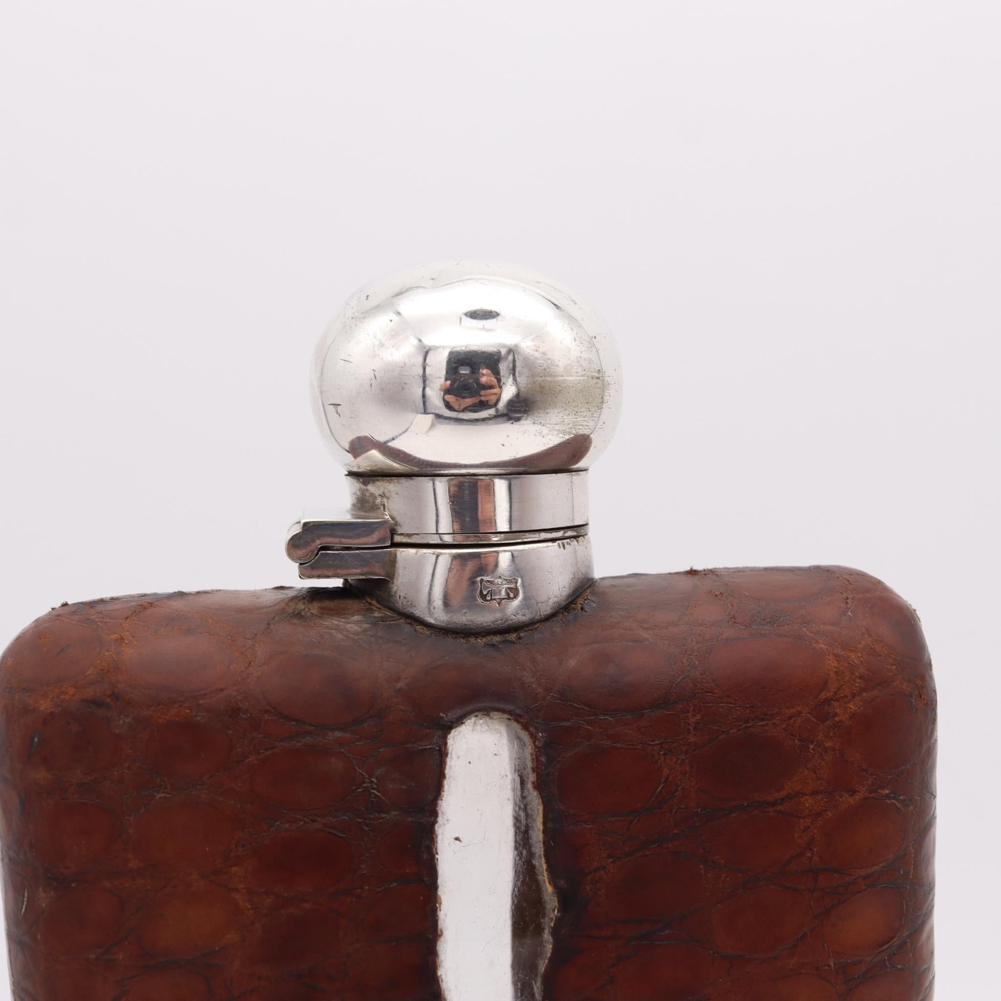 English James Dixon & Sons 1900 Sheffield 3/8 Pint Liquor Flask in Silver and Crocodile For Sale