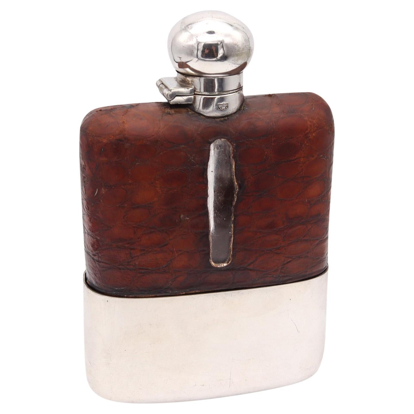 James Dixon & Sons 1900 Sheffield 3/8 Pint Liquor Flask in Silver and Crocodile For Sale
