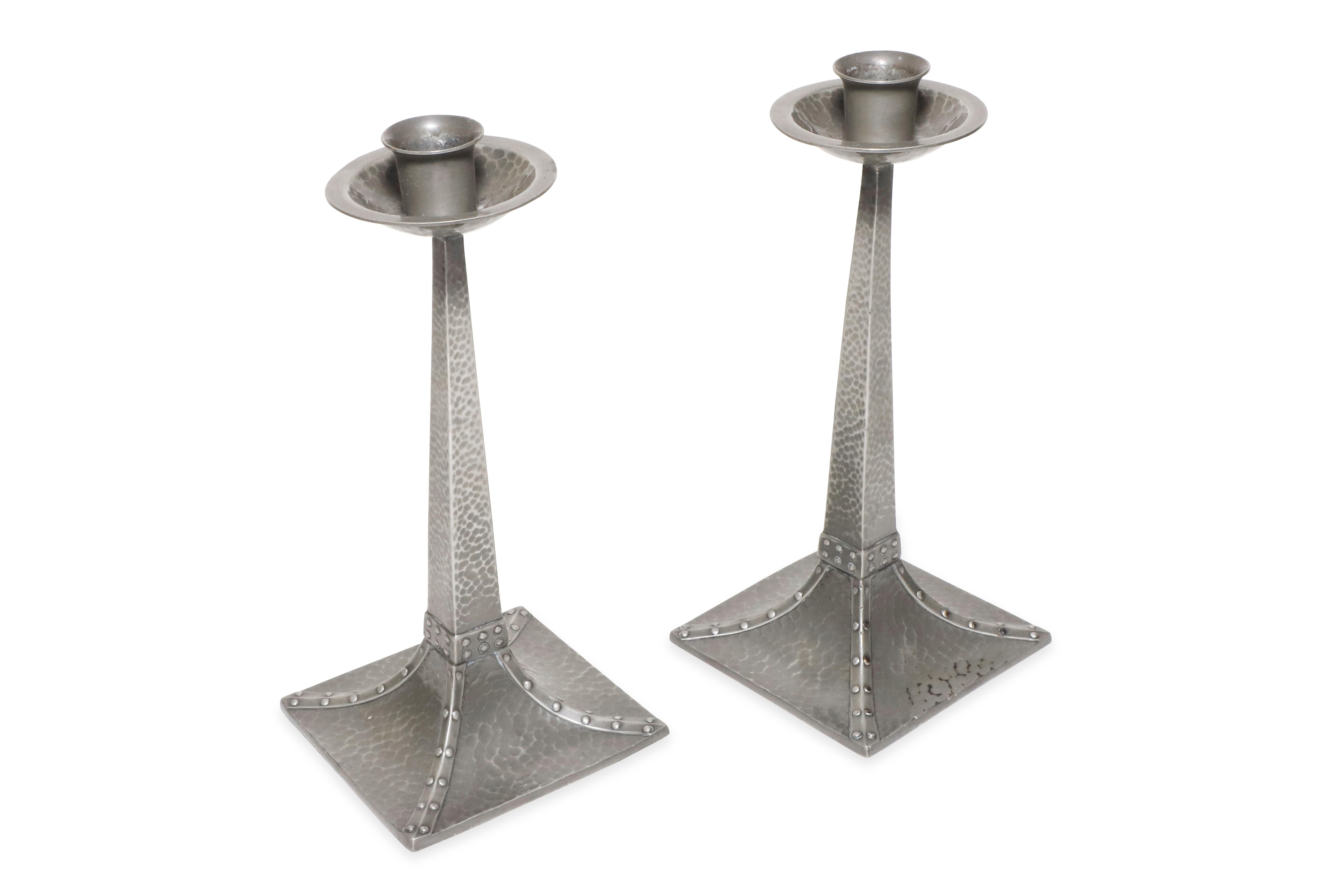 Arts and Crafts James Dixon & Sons Cornish Pewter Pair of Arts & Crafts Candlesticks circa 1908 For Sale