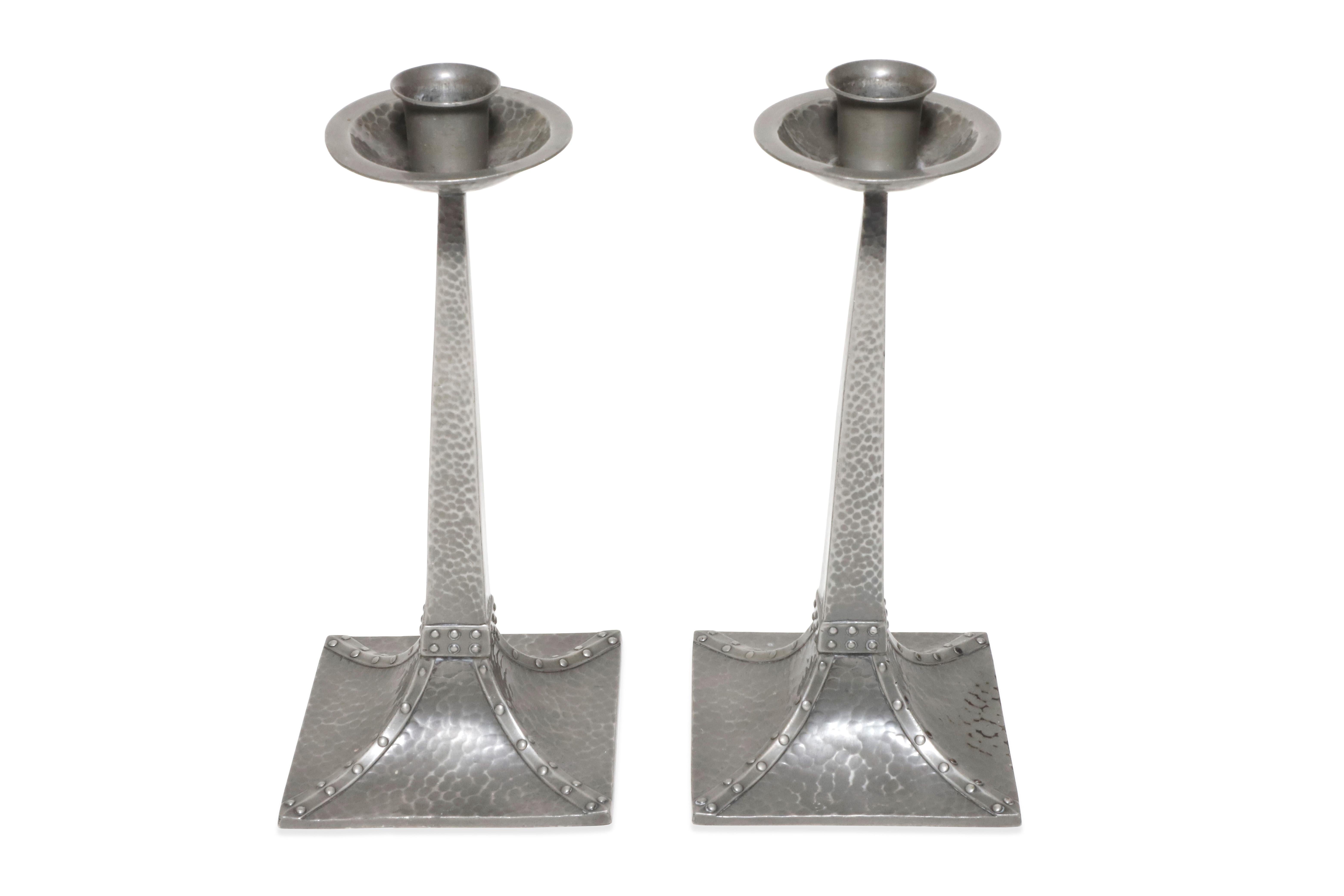 20th Century James Dixon & Sons Cornish Pewter Pair of Arts & Crafts Candlesticks circa 1908 For Sale