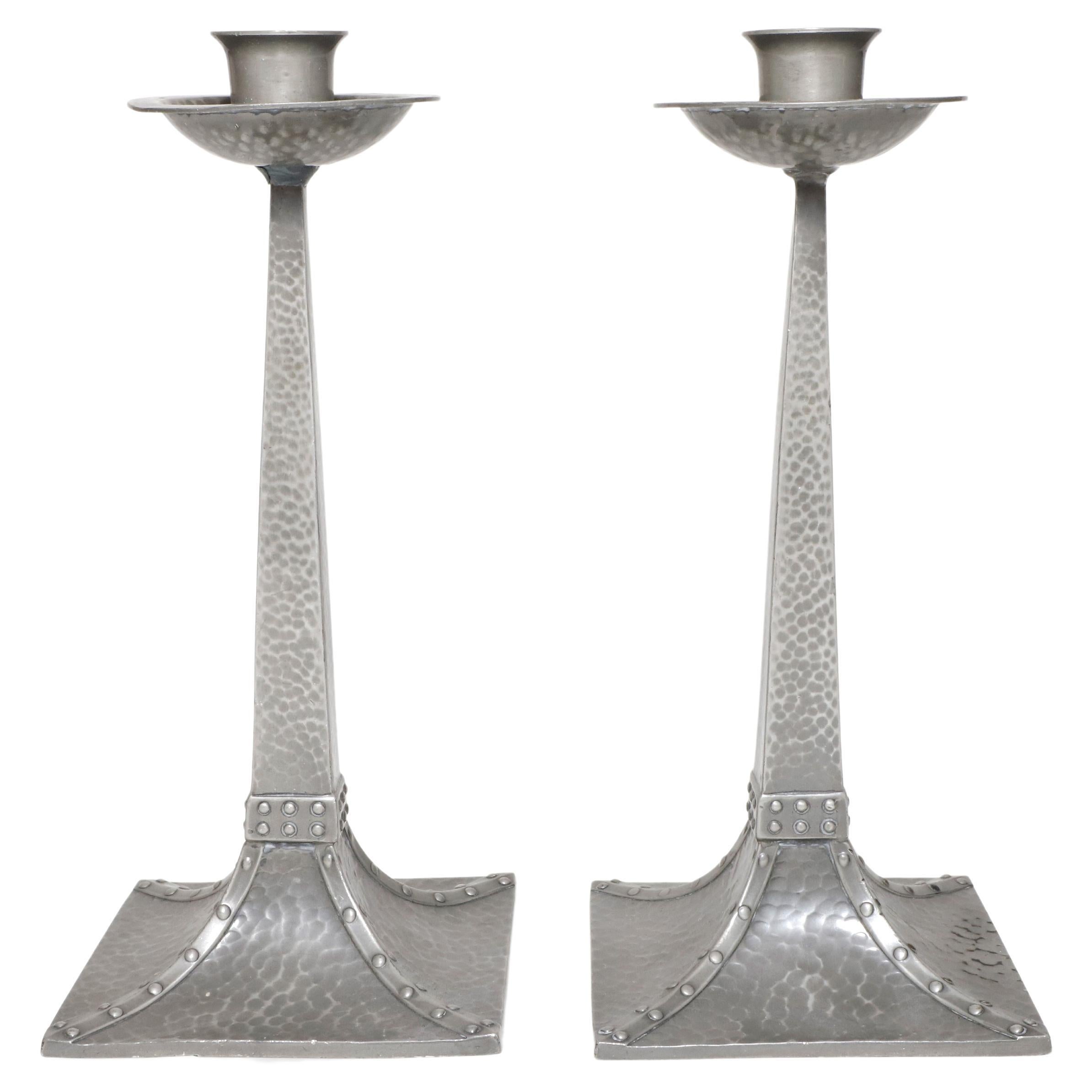 James Dixon & Sons Cornish Pewter Pair of Arts & Crafts Candlesticks circa 1908 For Sale