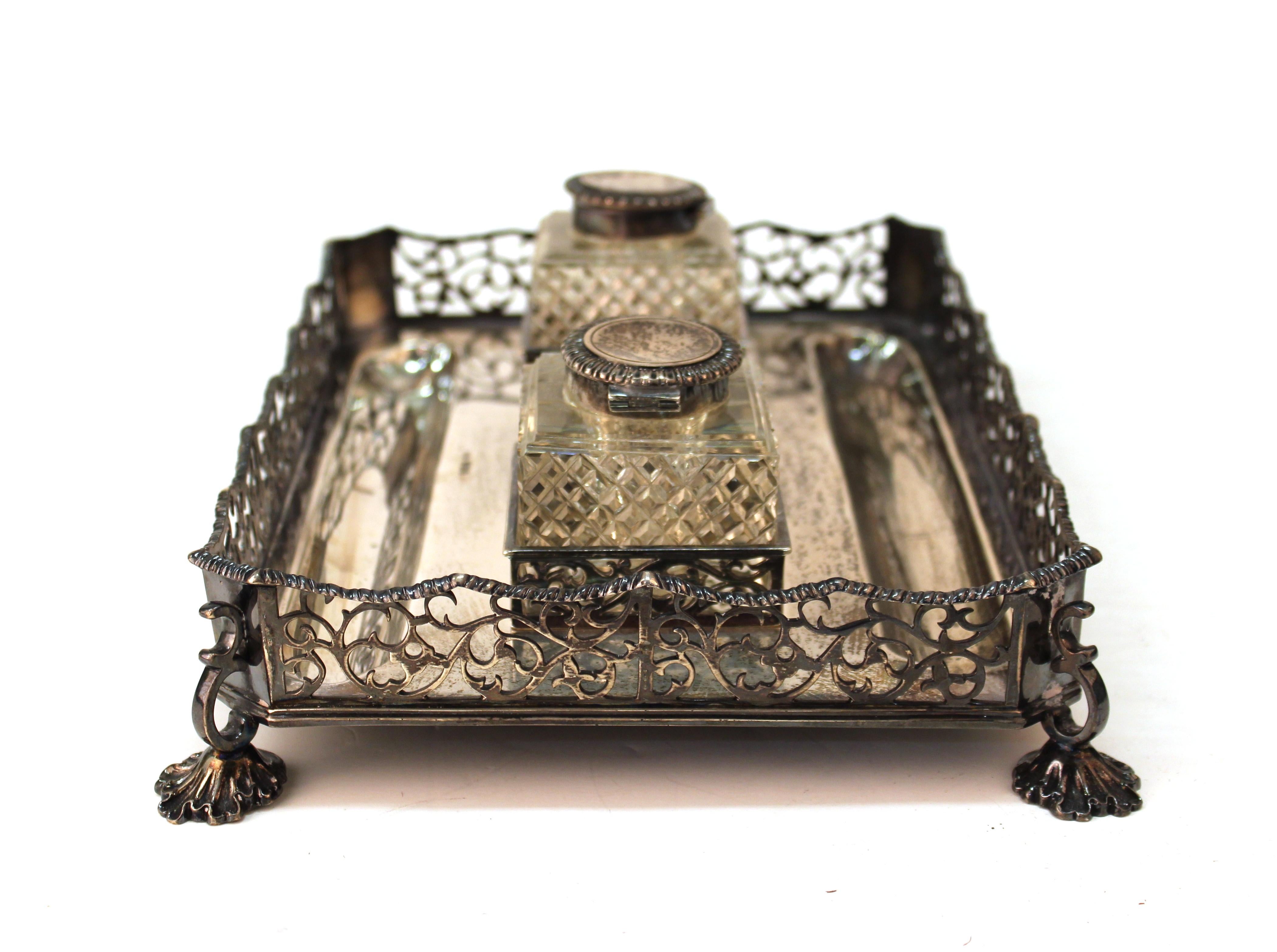 Early 20th Century James Dixon & Sons English Sterling Silver Ink Wells on Tray