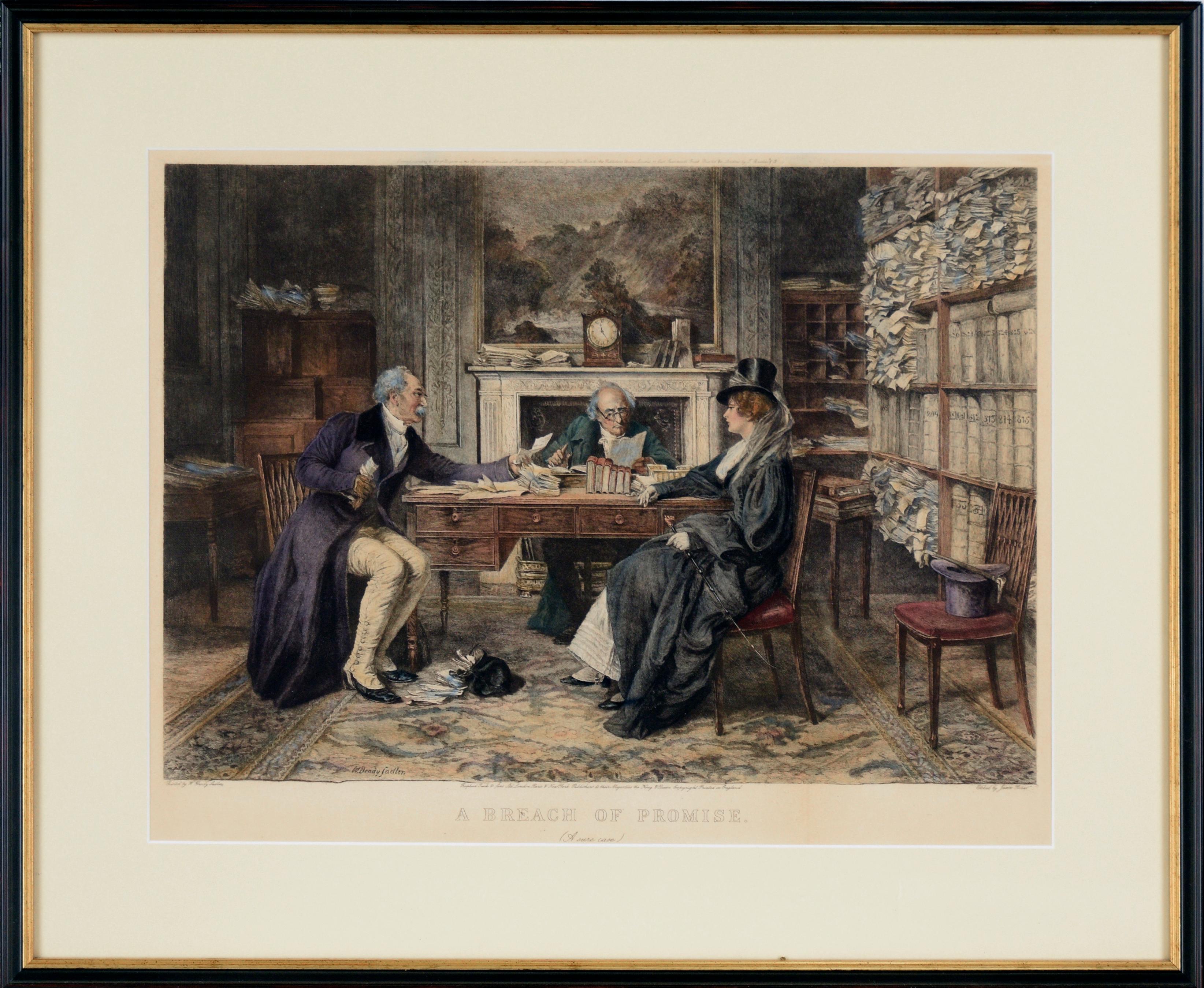 Incumplimiento de promesa - Aguafuerte coloreado a mano sobre papel 1900 Victoriano
