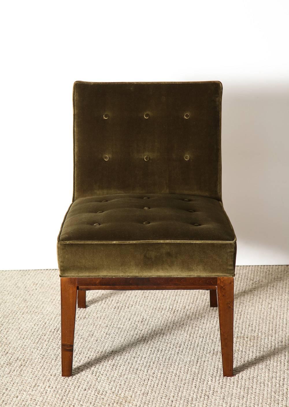 Custom slipper chair by James Dolena.
Dark stained wood frame and dark green velvet upholstery. Excellent condition, recently fully restored. From a private commission in Bel-Air, CA.