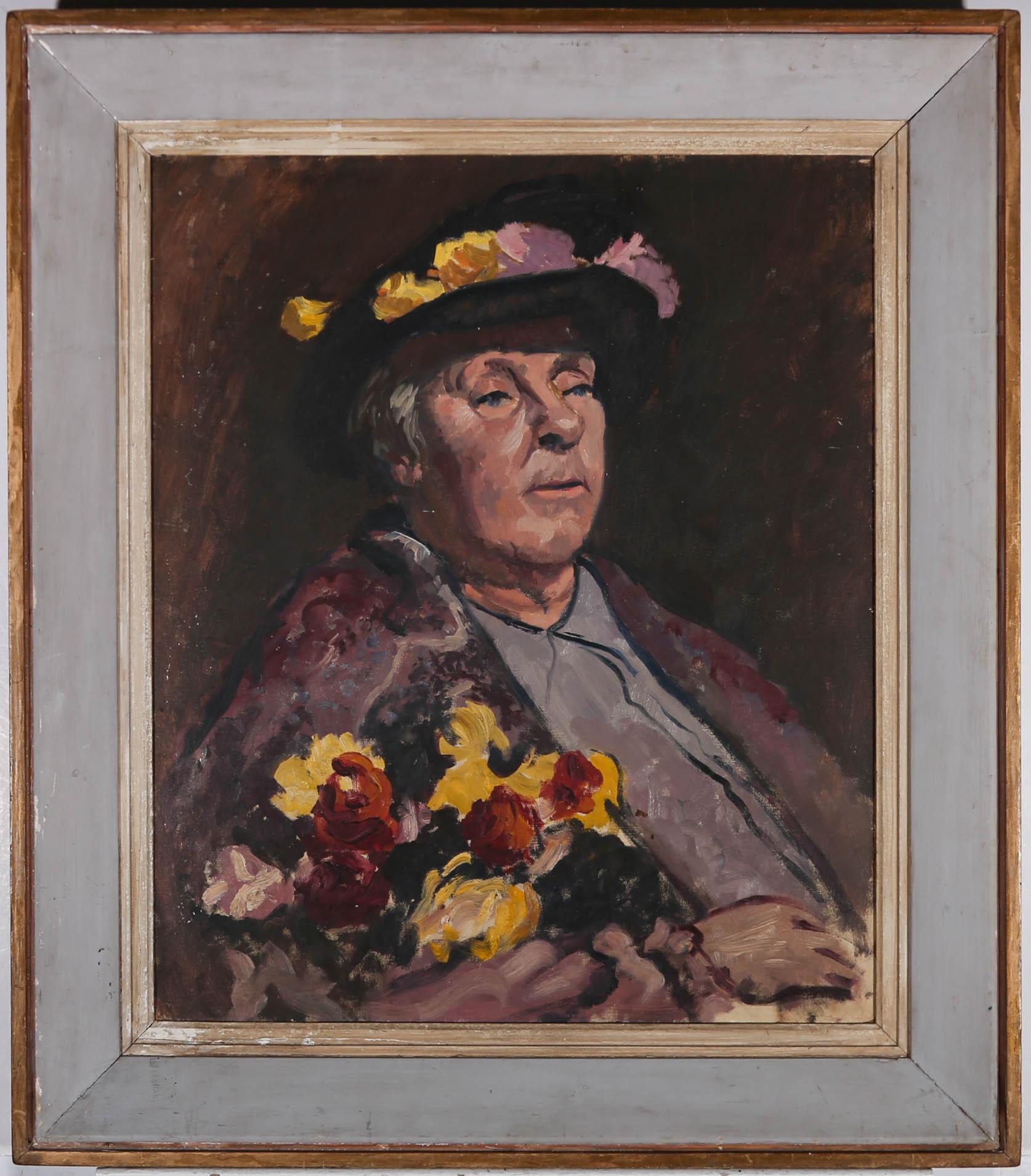 This delightful oil study depicts a flower feller clutching a bouquet in the crook of one arm. Her hat is adorned in yellow carnations and she wears a long purple coat. The artist captures the women in an impressionist style, using gestural