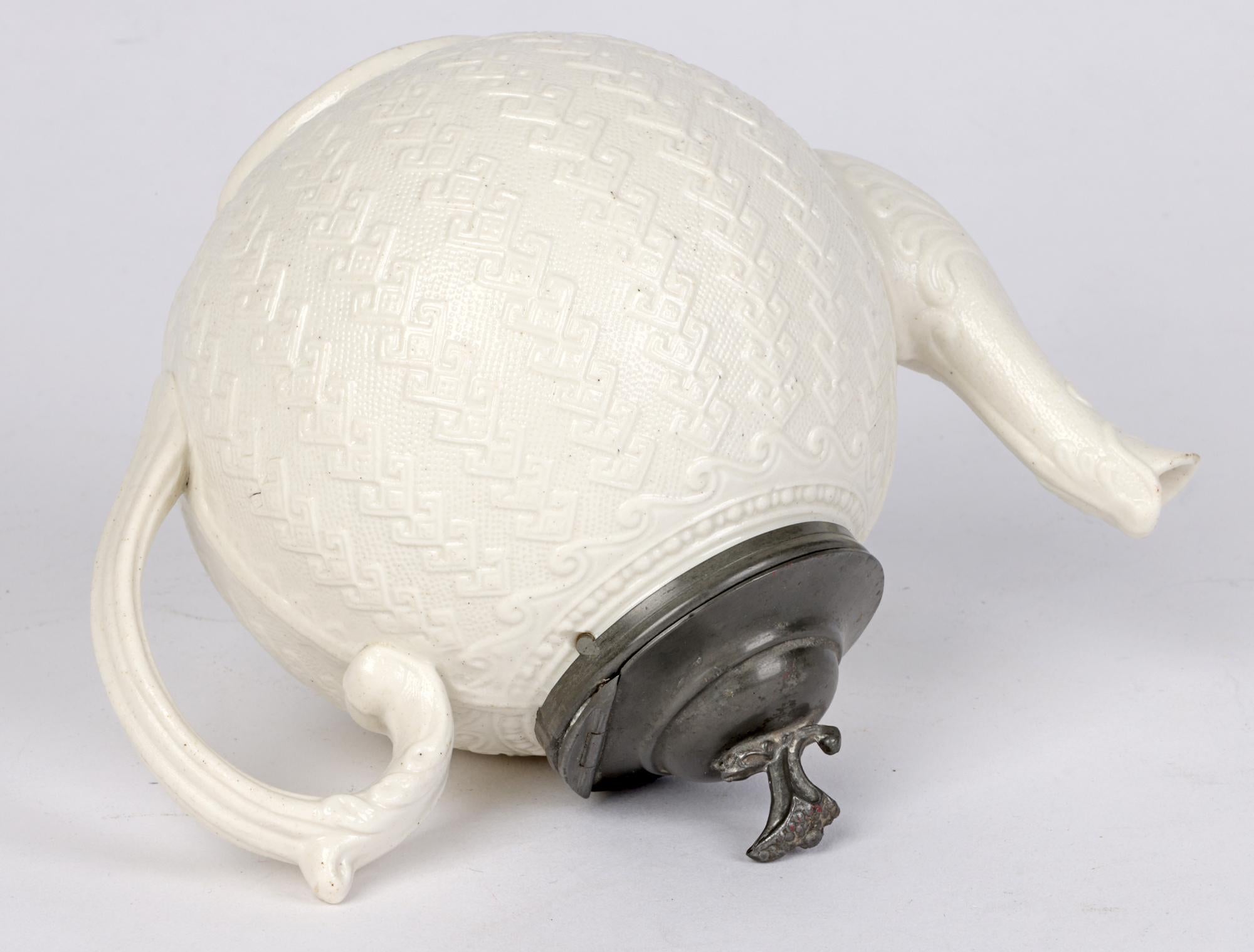 James Dudson Antique Pewter Mounted Salt Glazed Ceramic Teapot For Sale 1