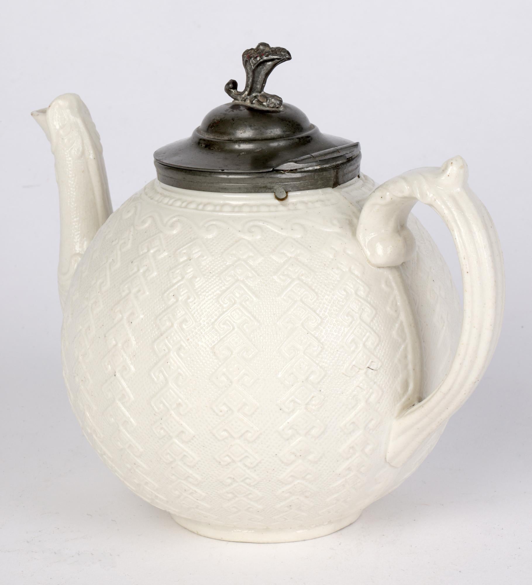 James Dudson Antique Pewter Mounted Salt Glazed Ceramic Teapot For Sale 2