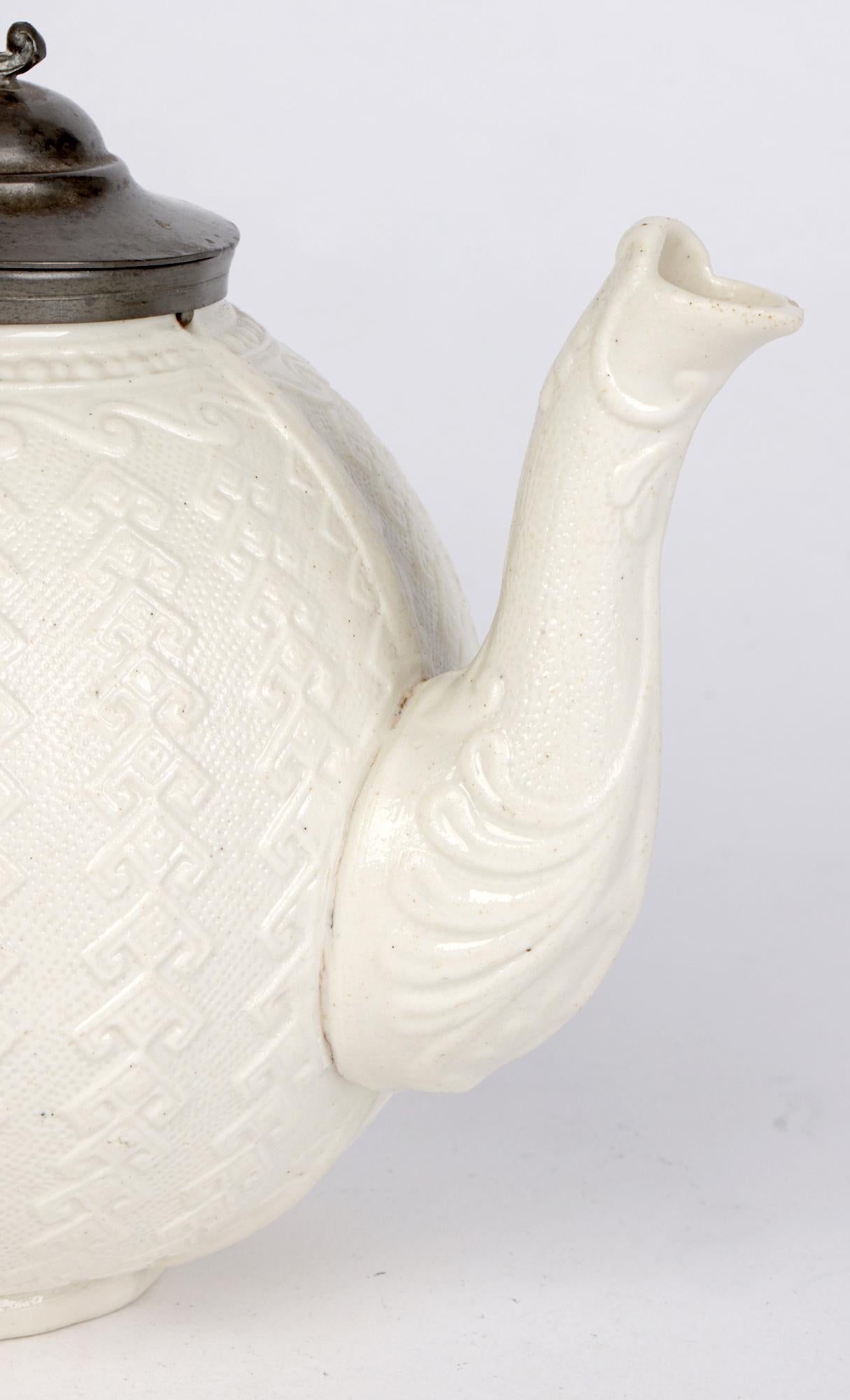 James Dudson Antique Pewter Mounted Salt Glazed Ceramic Teapot For Sale 4