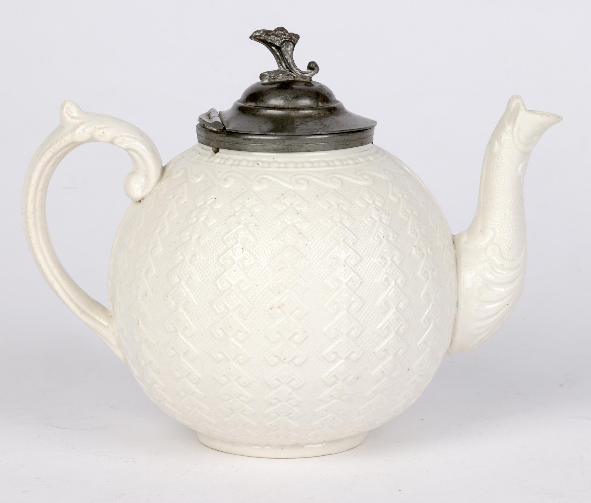 James Dudson Antique Pewter Mounted Salt Glazed Ceramic Teapot For Sale 6