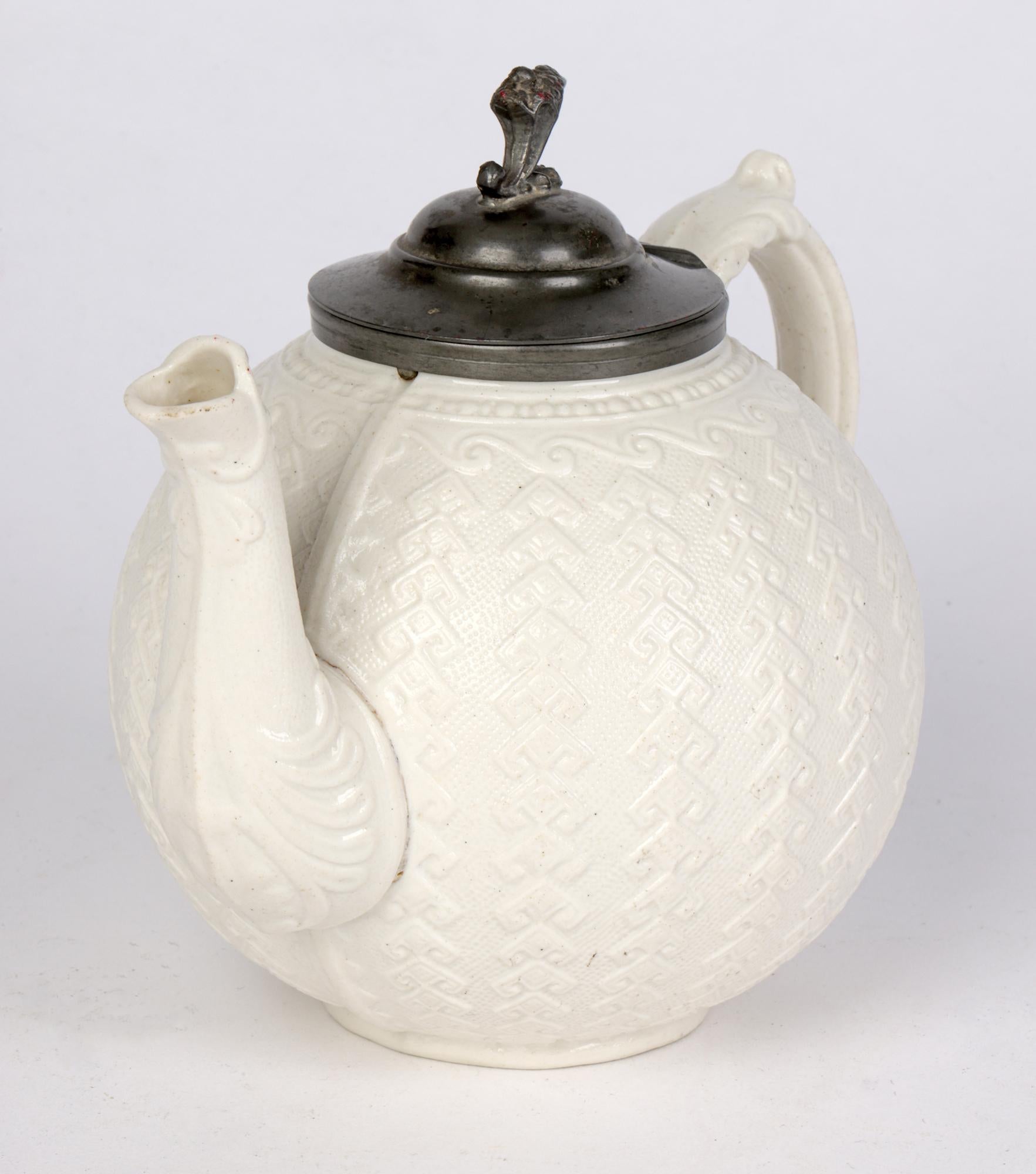 English James Dudson Antique Pewter Mounted Salt Glazed Ceramic Teapot For Sale