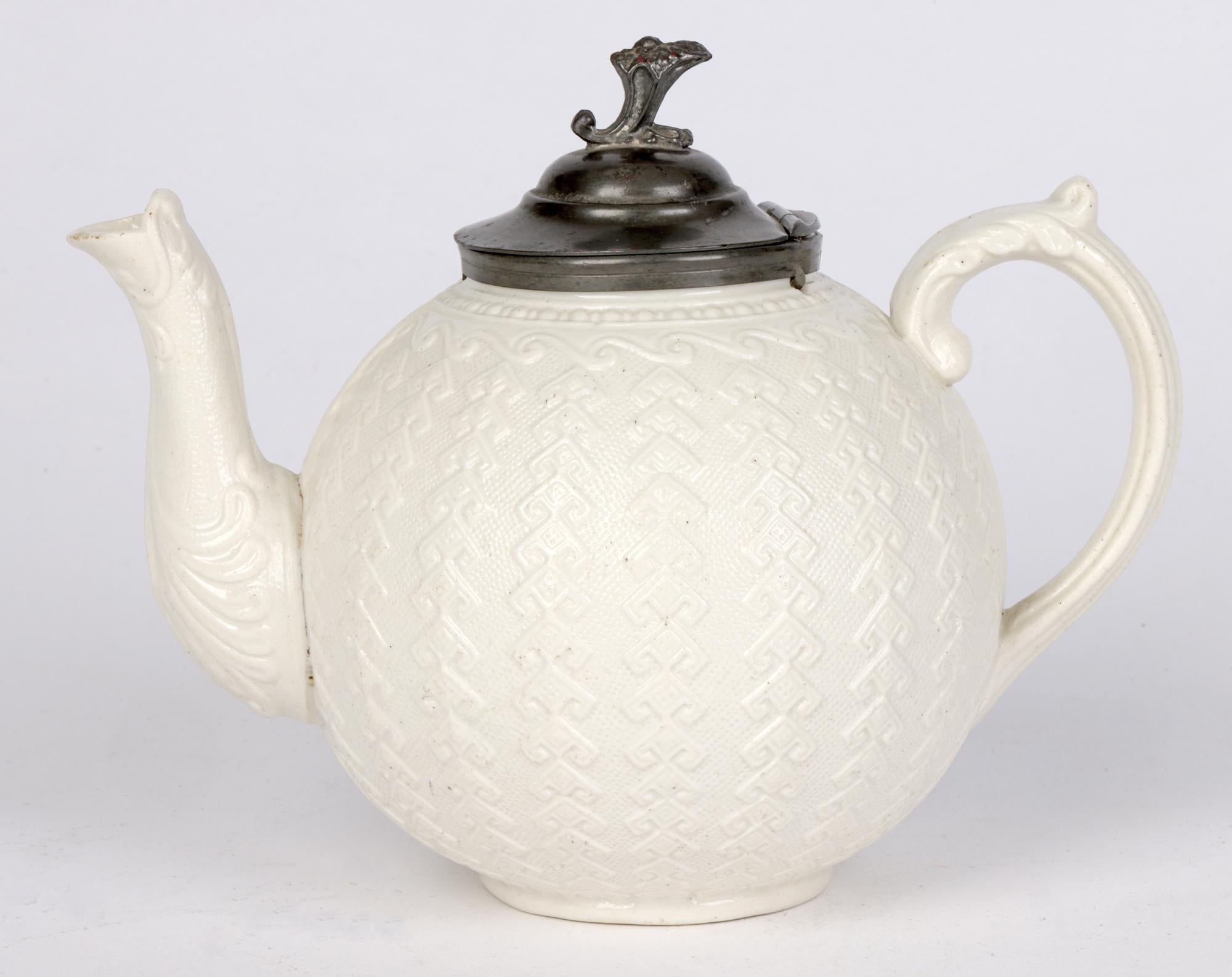 19th Century James Dudson Antique Pewter Mounted Salt Glazed Ceramic Teapot For Sale