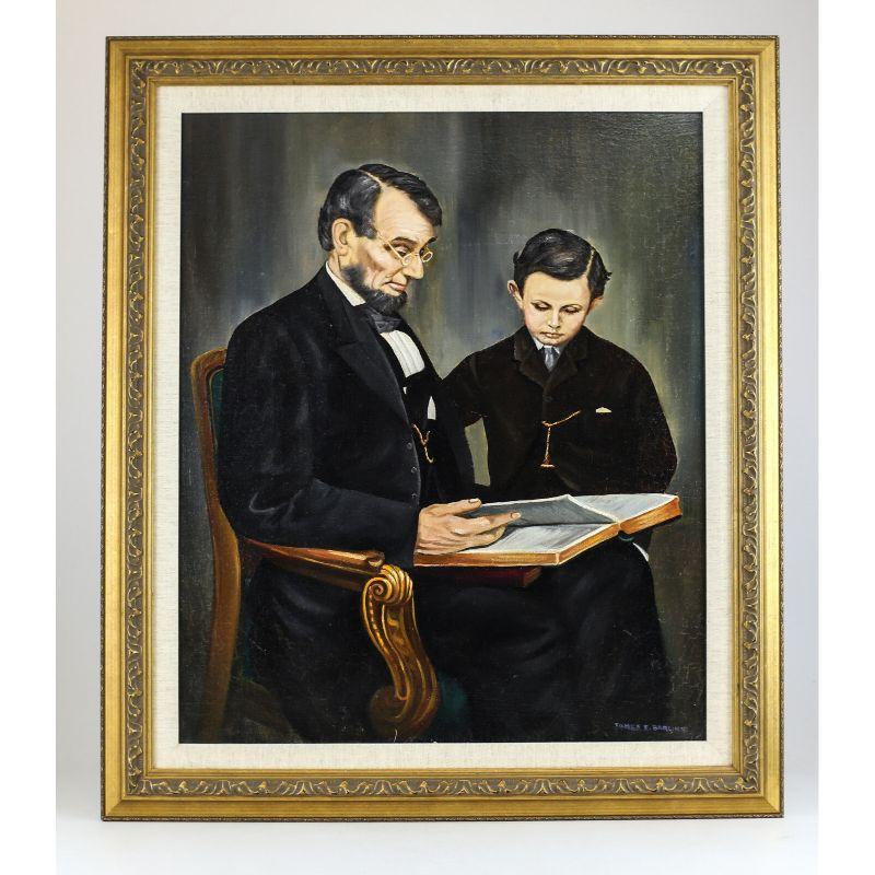 James E Barling Oil on canvas portrait of Abraham Lincoln & Son

This portrait was painted after a famous photograph of Abraham Lincoln and his youngest son, Tad. Signed James Barling (lower right). On the back of the painting is an attached
