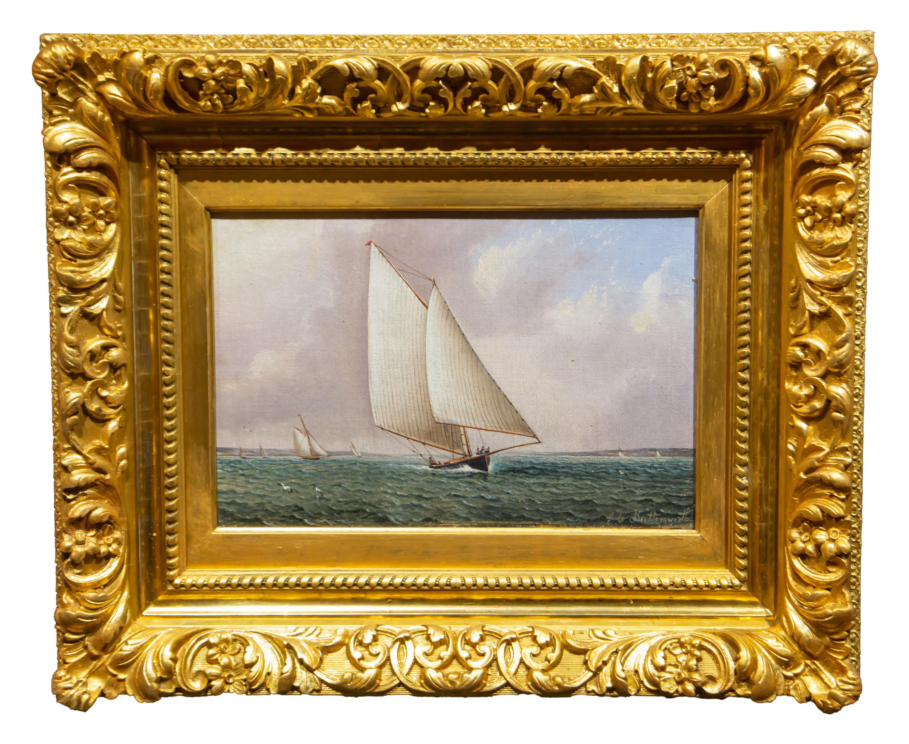 James E. Buttersworth
(British/New Jersey, 1817-1894)

"Sandbaggers"

oil on millboard
signed lower right.
Framed.
8-1/2" x 12-3/8", framed 12-1/2" x 16-3/4"

Provenance: Obtained from the Buttersworth family in New Jersey by the present owner's