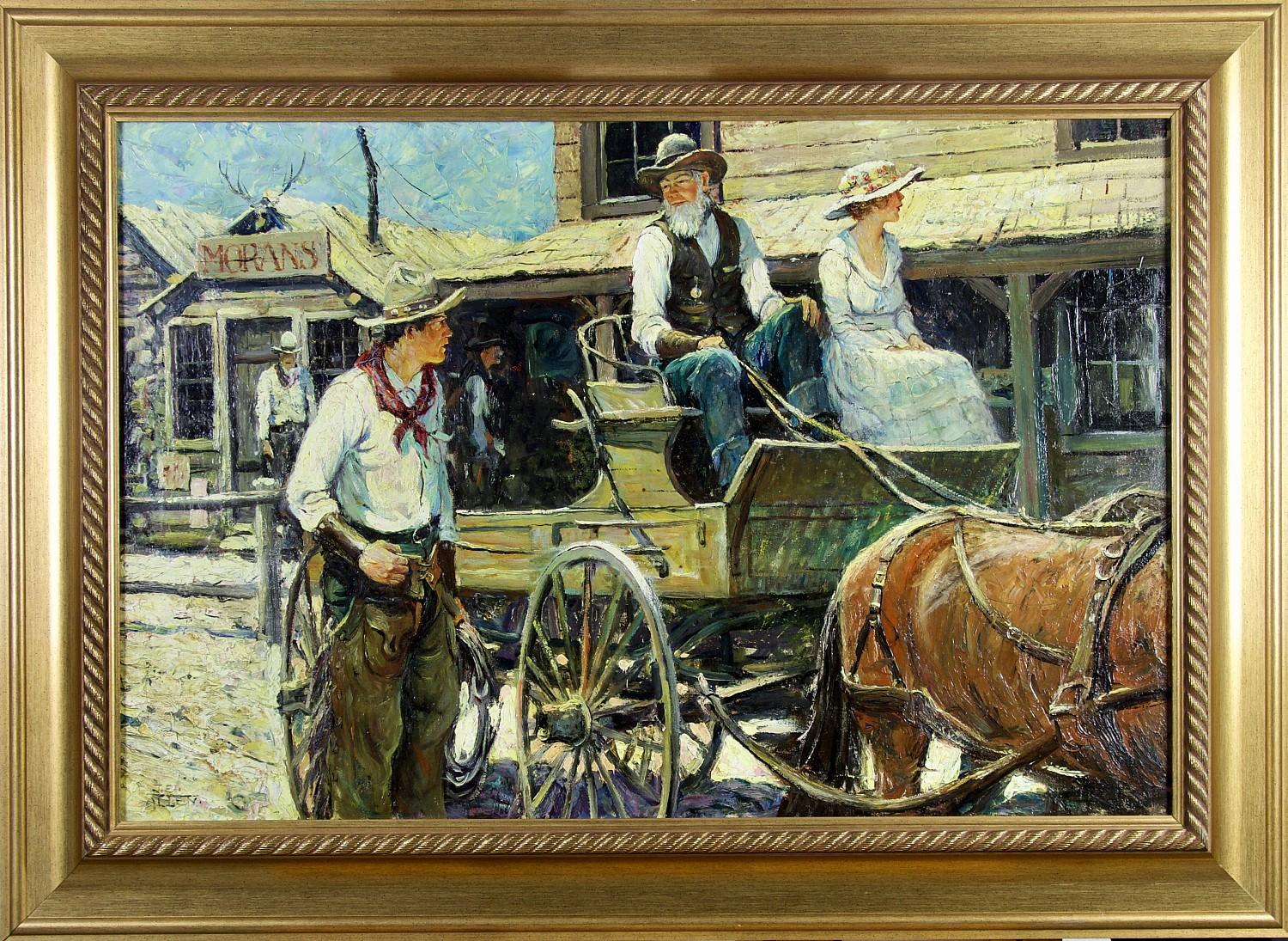 Story illustration for “Benny and her Familee” by Kennett Harris for The Saturday Evening Post, published January 10, 1920, illustrated page 11.

This western scene captures a moment of escalating tension as a cowboy, Benny, fixes a menacing glare