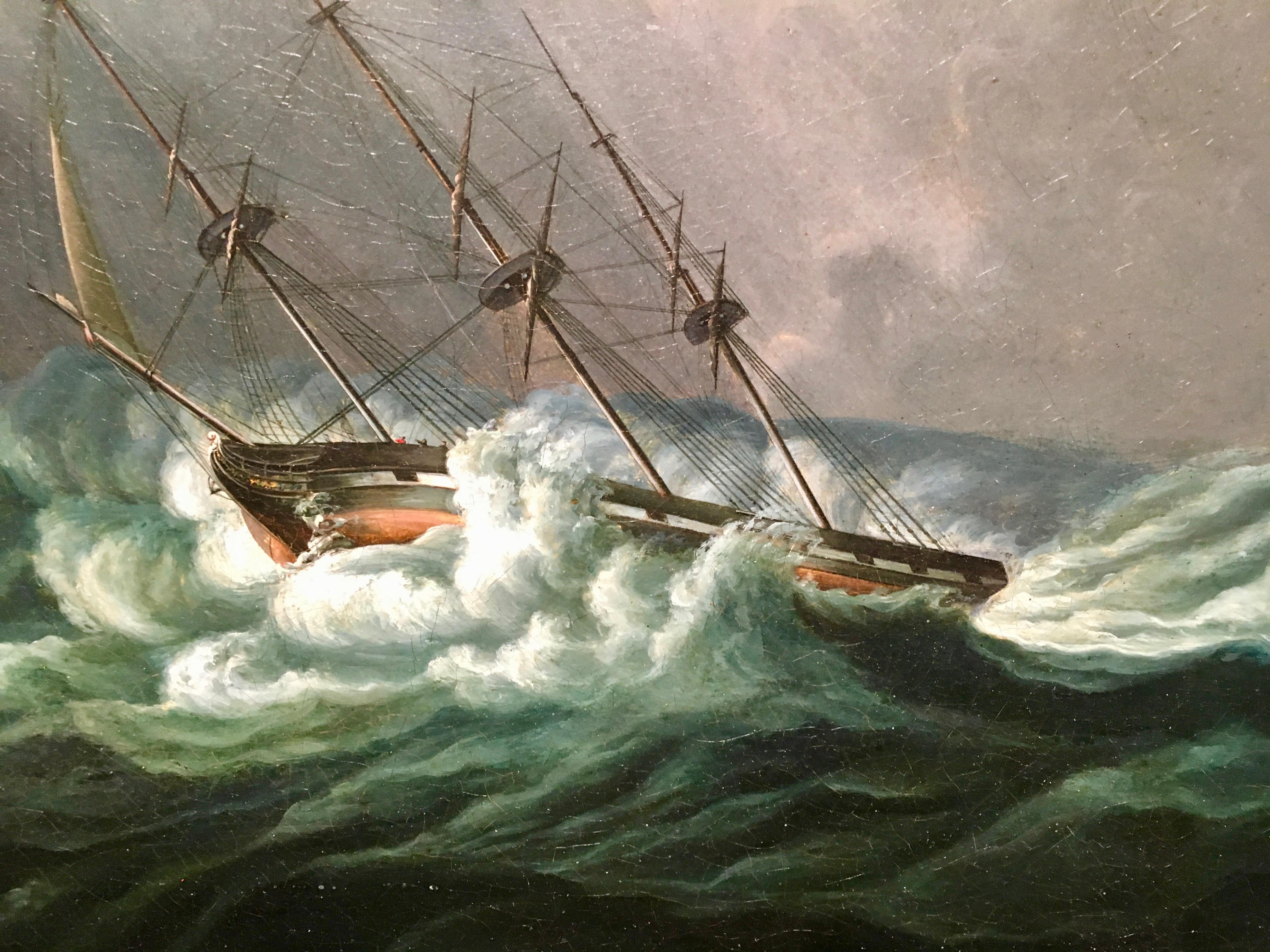 marine américaine ou anglaise, navire dans une mer rugueuse la nuit avec des éclairs - Painting de James Edward Buttersworth
