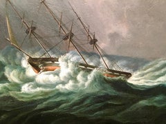 American or English marine , ship in a rough sea at Night with lightning