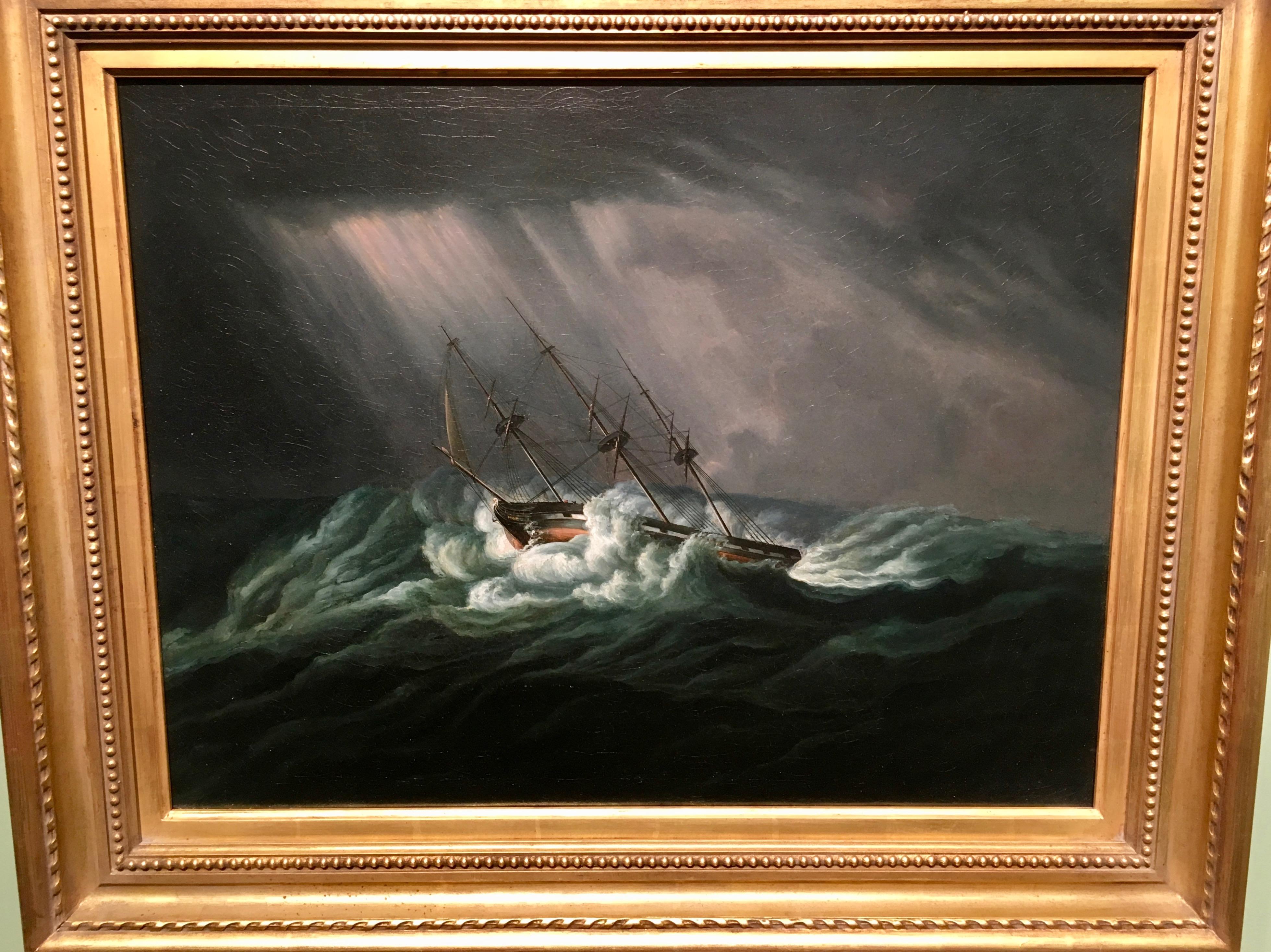 James Edward Buttersworth Landscape Painting - American or English marine , ship in a rough sea at Night with lightning