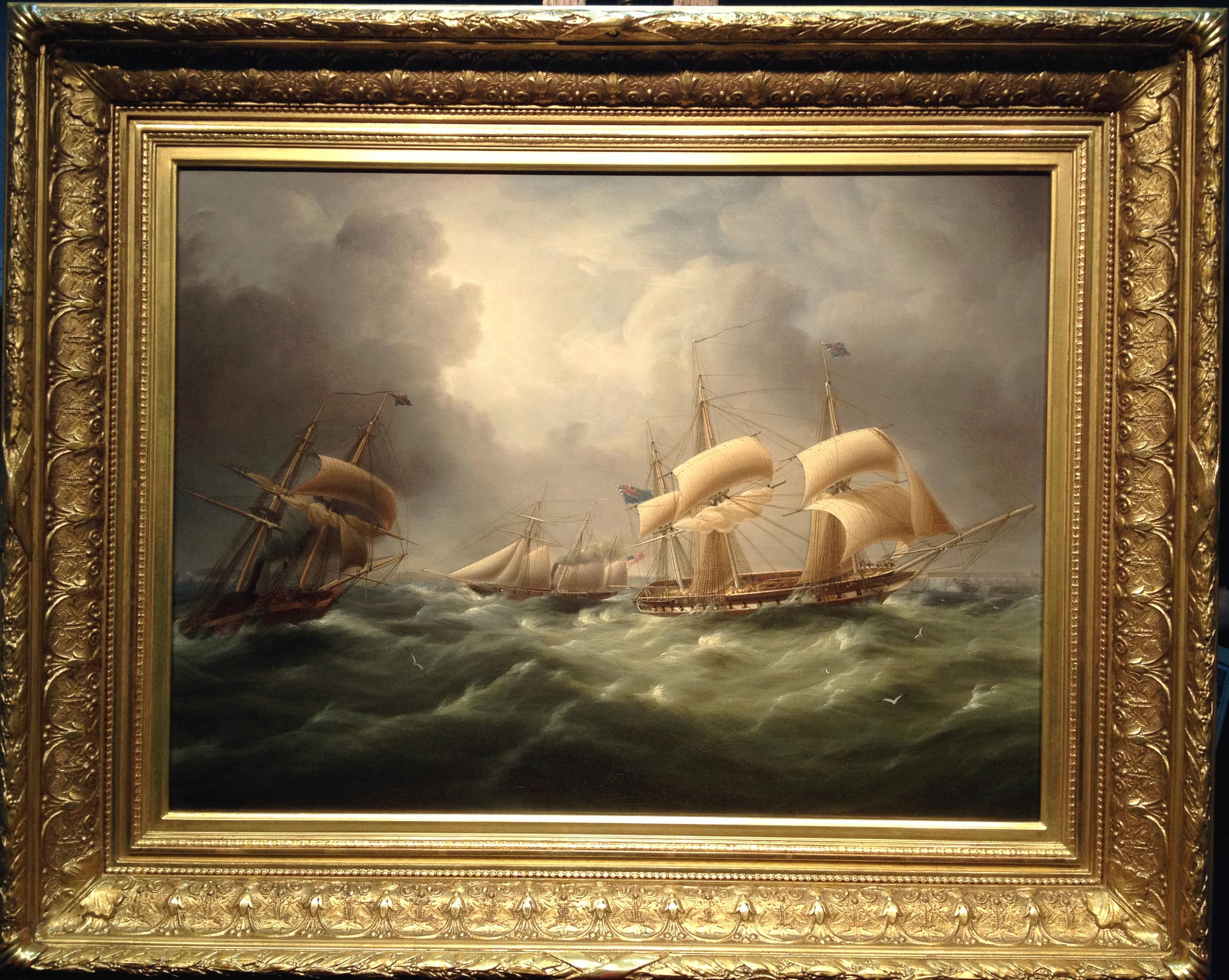 American Steam Schooner Meets British Frigates Crossing the English Channel - Painting by James Edward Buttersworth