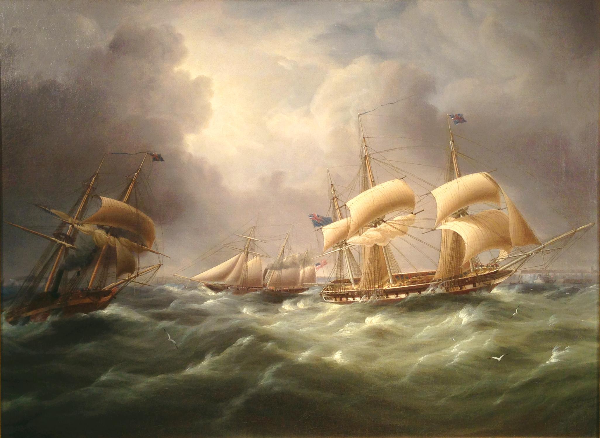 James Edward Buttersworth Landscape Painting - American Steam Schooner Meets British Frigates Crossing the English Channel