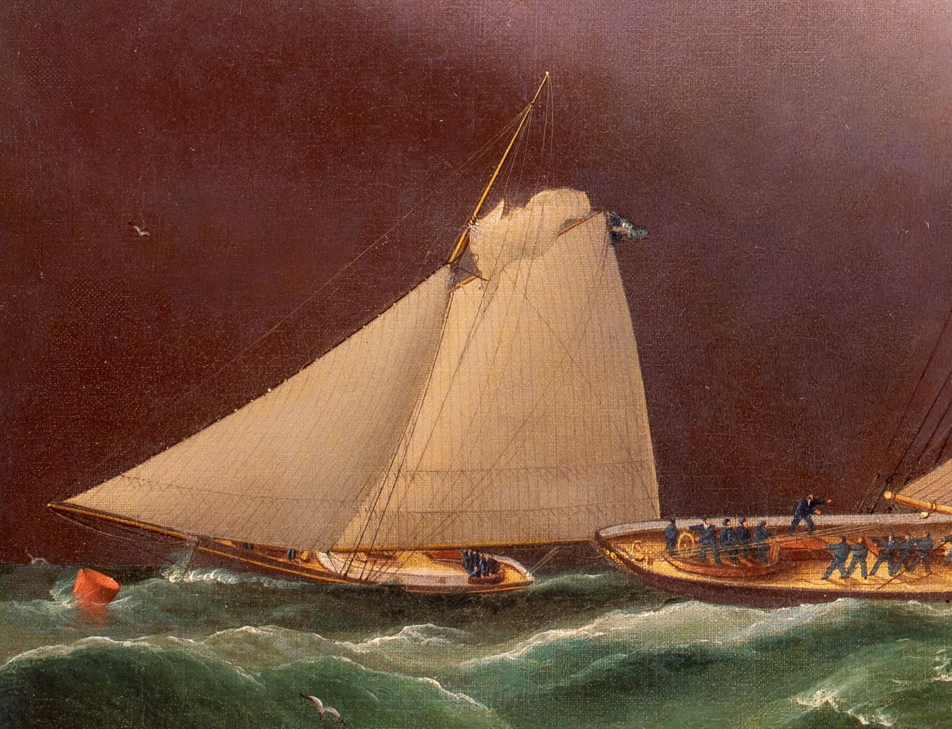 SAPPHO, DAUNTLESS and GRACIE Racing at Cape May 1871 - Brown Landscape Painting by James Edward Buttersworth