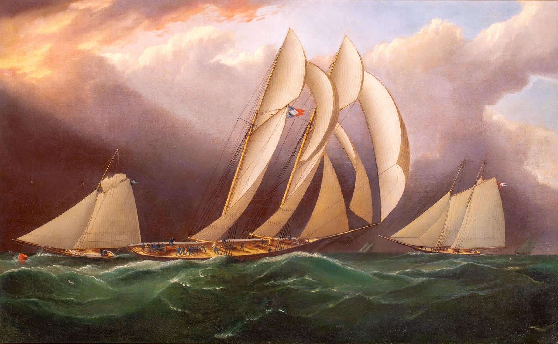 James Edward Buttersworth Landscape Painting - SAPPHO, DAUNTLESS and GRACIE Racing at Cape May 1871