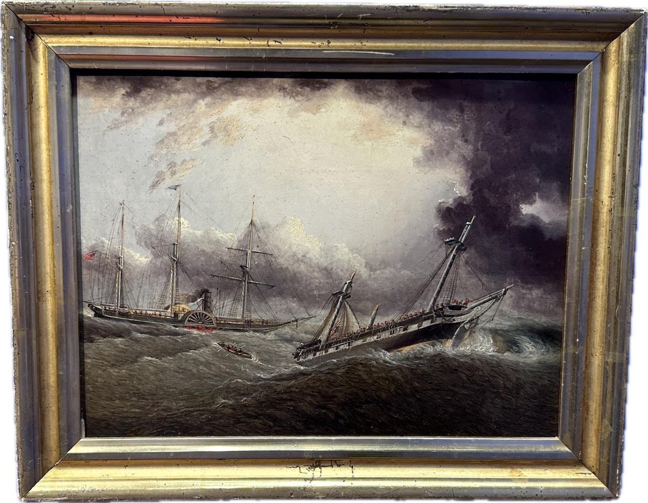 James Edward Buttersworth Landscape Painting - Steam Ship Washington rescuing from the Winchester off Boston 1854