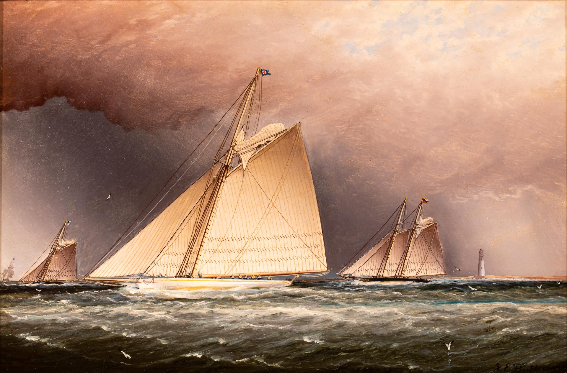 VOLUNTEER Off Sandy Hook,  Heading Out to Race in the Goelet Cup - Painting by James Edward Buttersworth