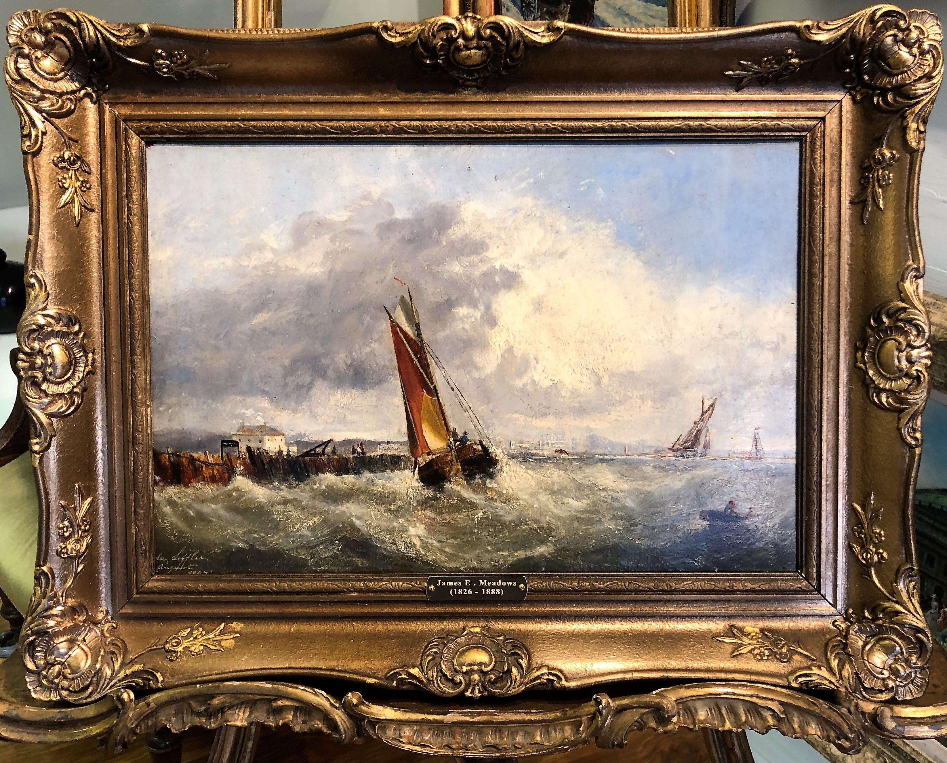 OLD MASTER OIL PAINTING High Quality 19th CENTURY SturY Stormy Seas Gold vergoldeter Rahmen – Painting von James Edward Meadows