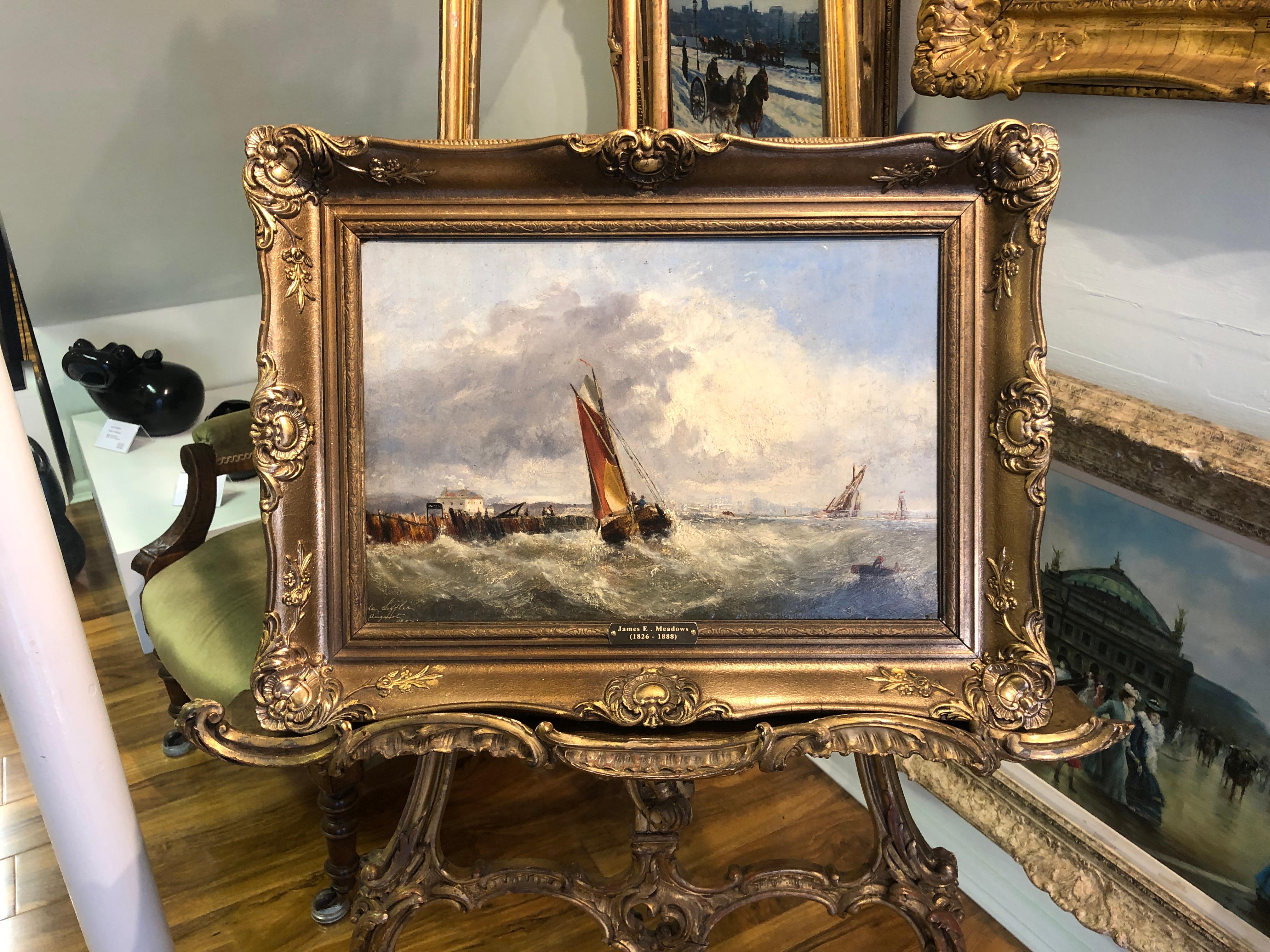 OLD MASTER OIL PAINTING High Quality 19th CENTURY SturY Stormy Seas Gold vergoldeter Rahmen (Realismus), Painting, von James Edward Meadows