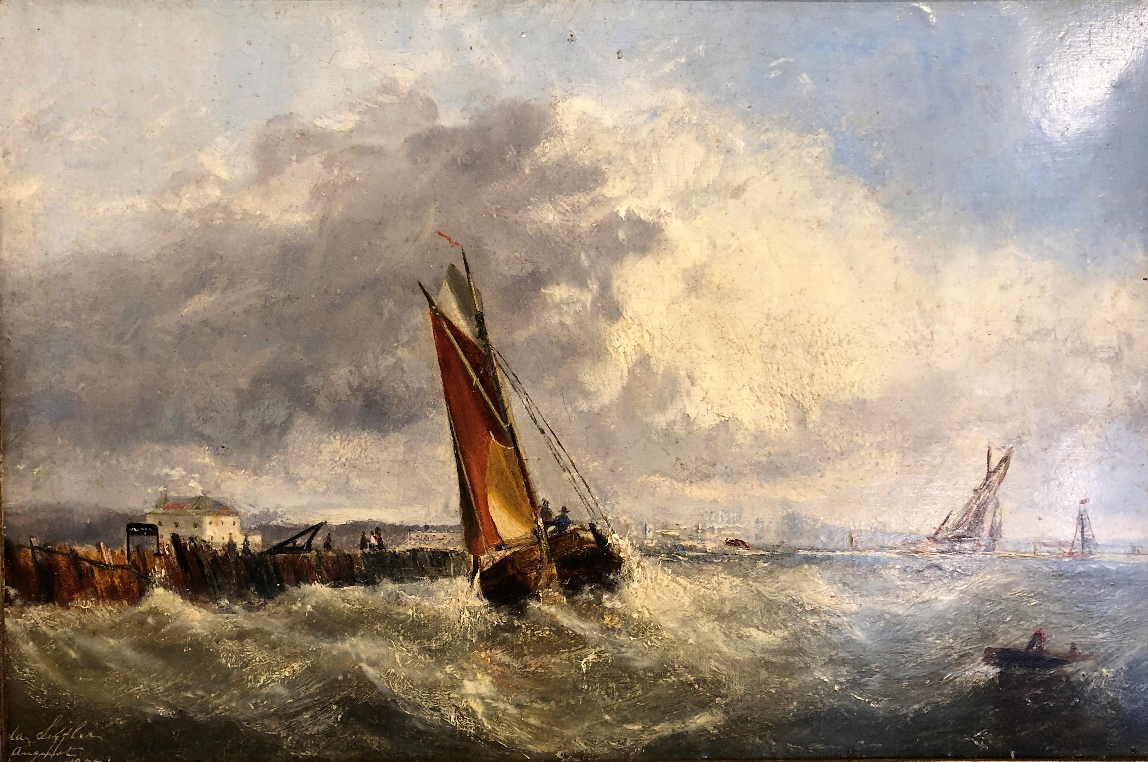 OLD MASTER OIL PAINTING High Quality 19th CENTURY Stormy Seas Gold Gilt Frame - Brown Landscape Painting by James Edward Meadows