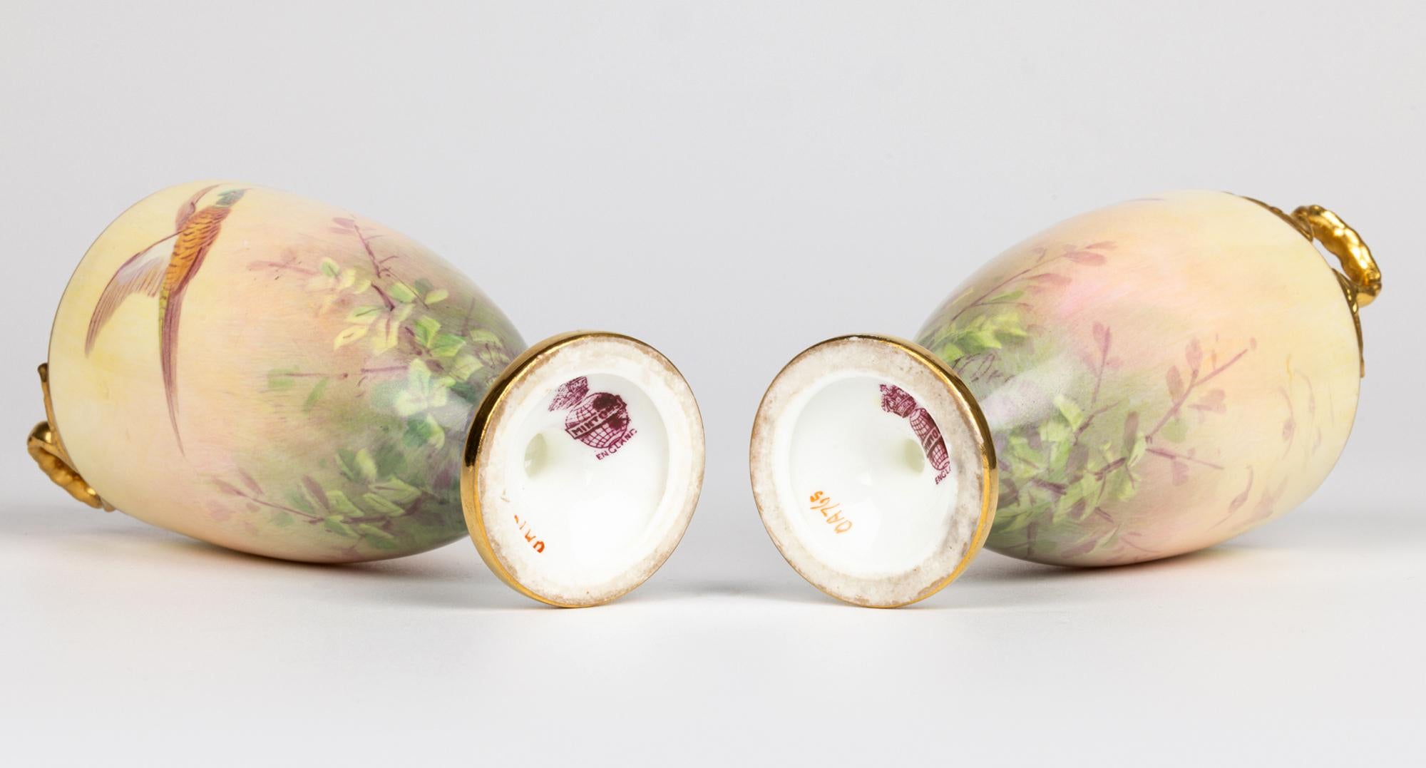 James Edwin Dean for Minton Pair Pheasant Painted Lidded Vases 2