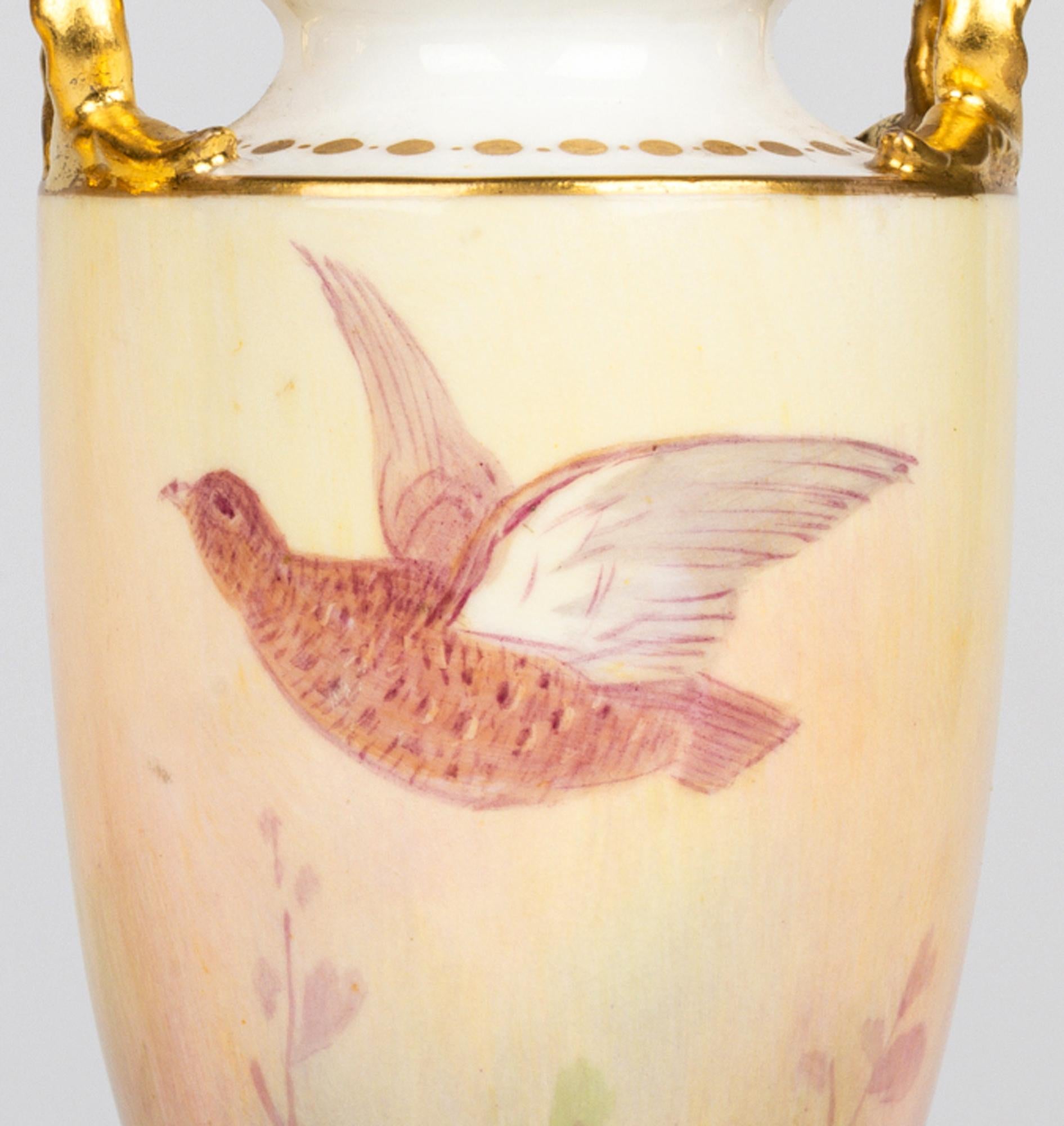James Edwin Dean for Minton Pair Pheasant Painted Lidded Vases 8