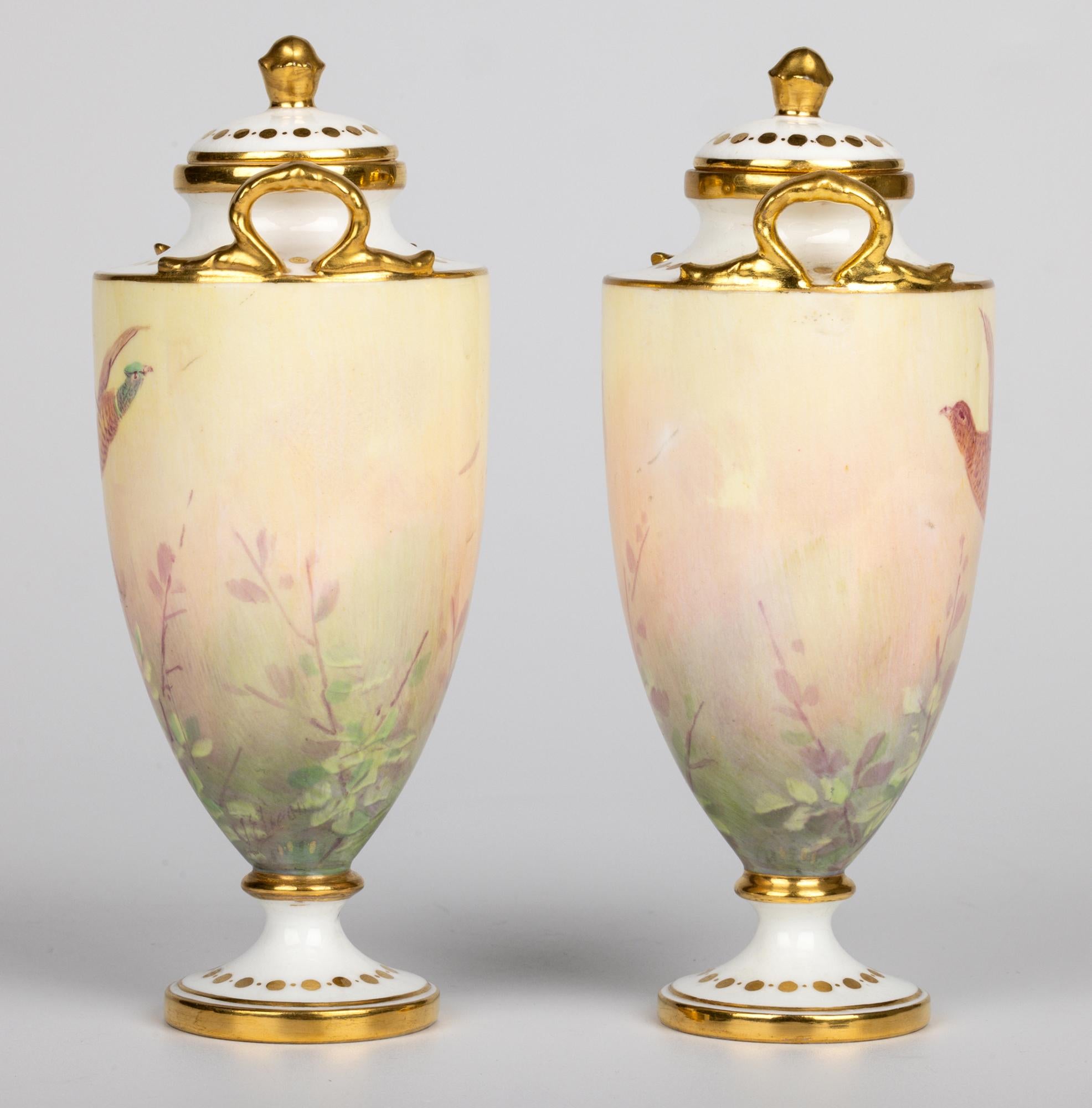 James Edwin Dean for Minton Pair Pheasant Painted Lidded Vases 9